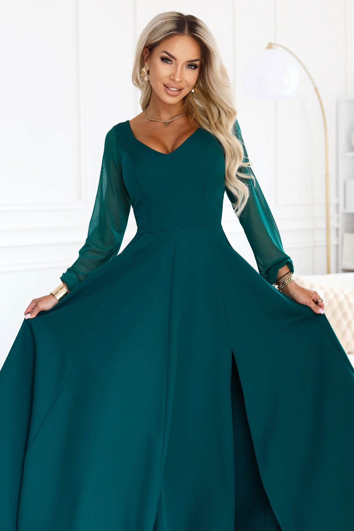 LORETTA Exceptional long dress with tulle sleeves and neckline – Green
