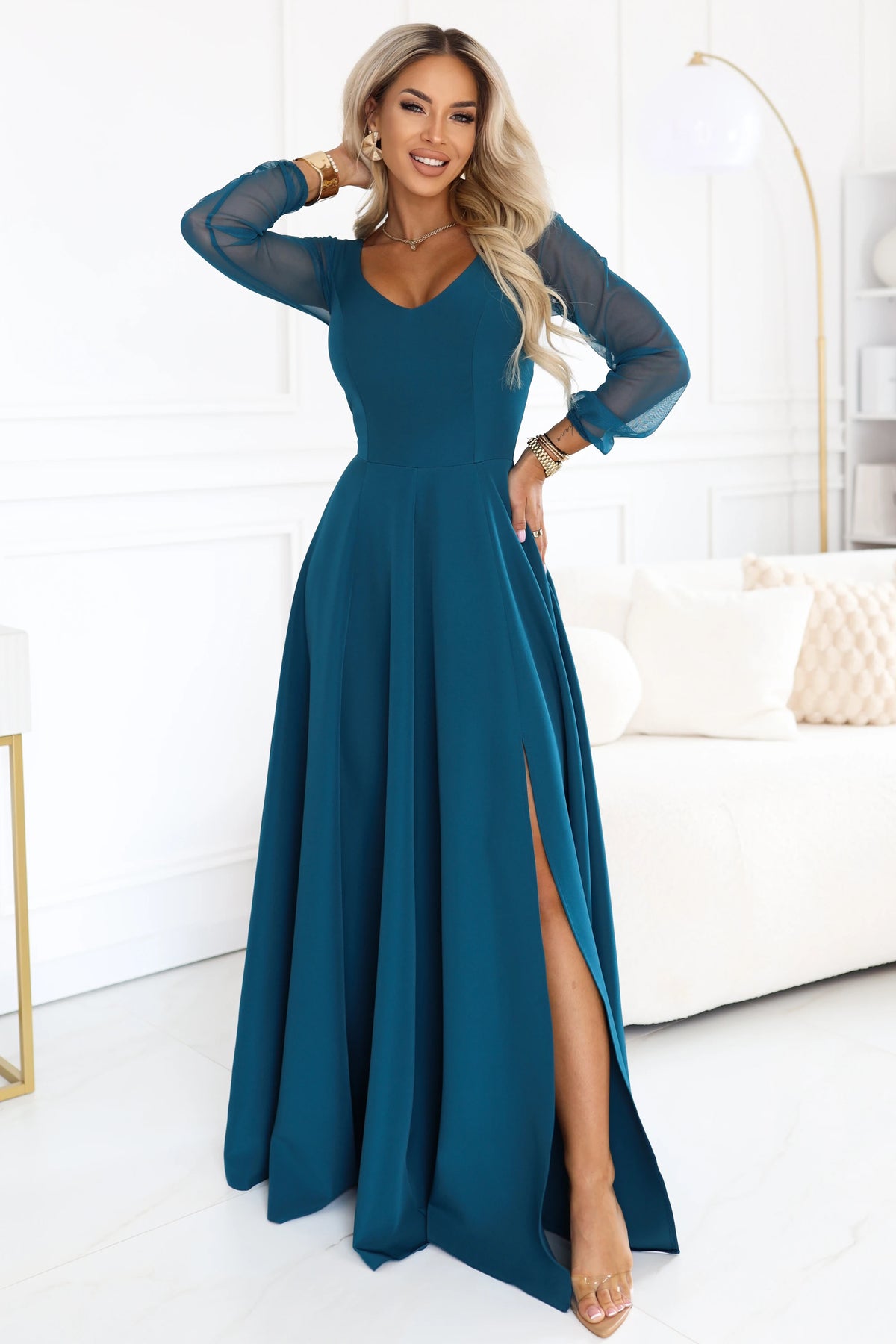 LORETTA Exceptional long dress with tulle sleeves and neckline – Sea Green