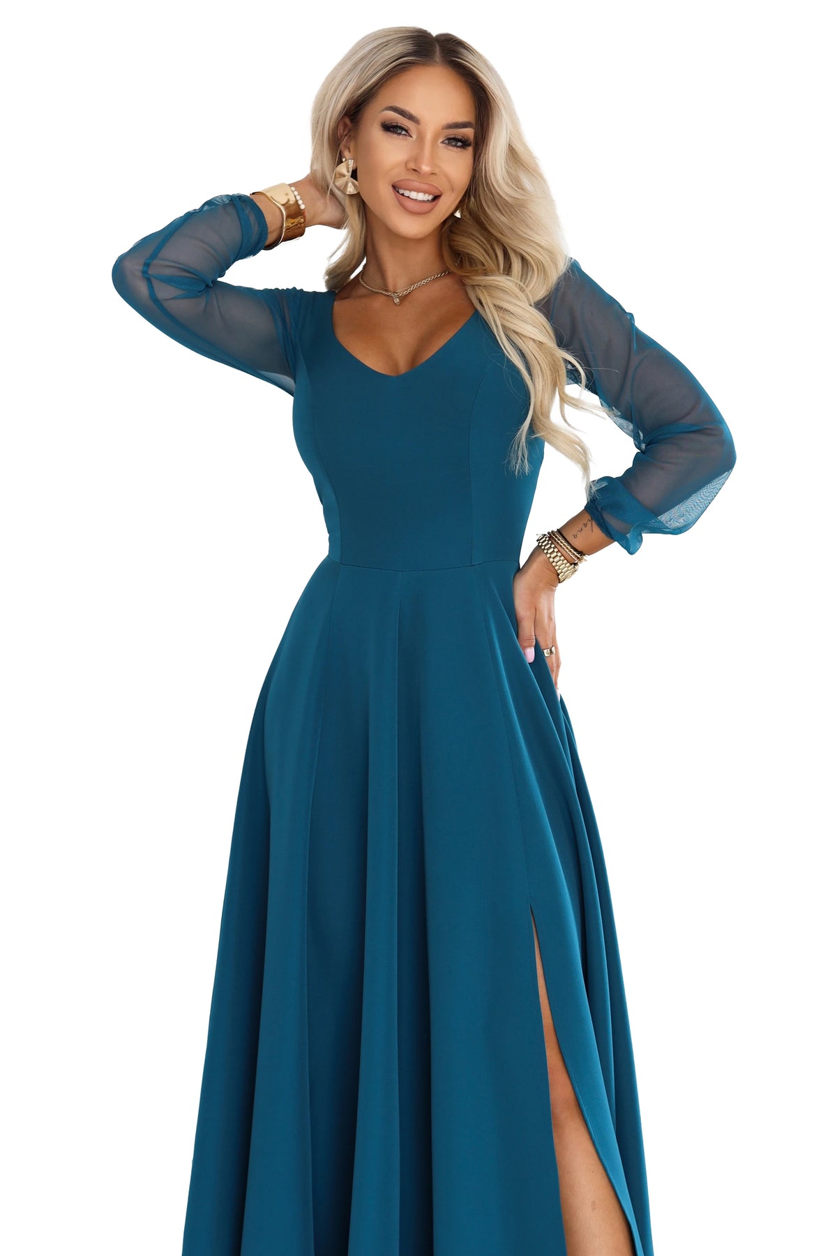 LORETTA Exceptional long dress with tulle sleeves and neckline – Sea Green