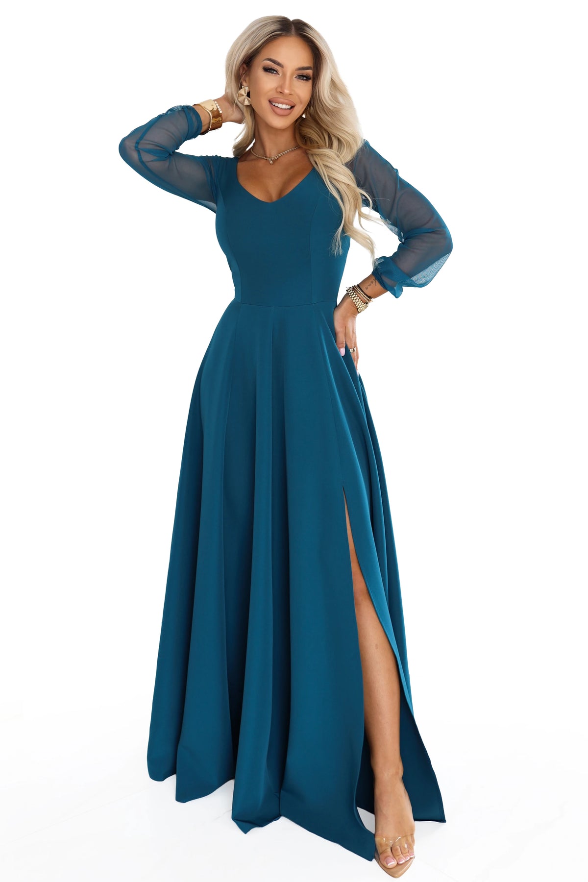 LORETTA Exceptional long dress with tulle sleeves and neckline – Sea Green