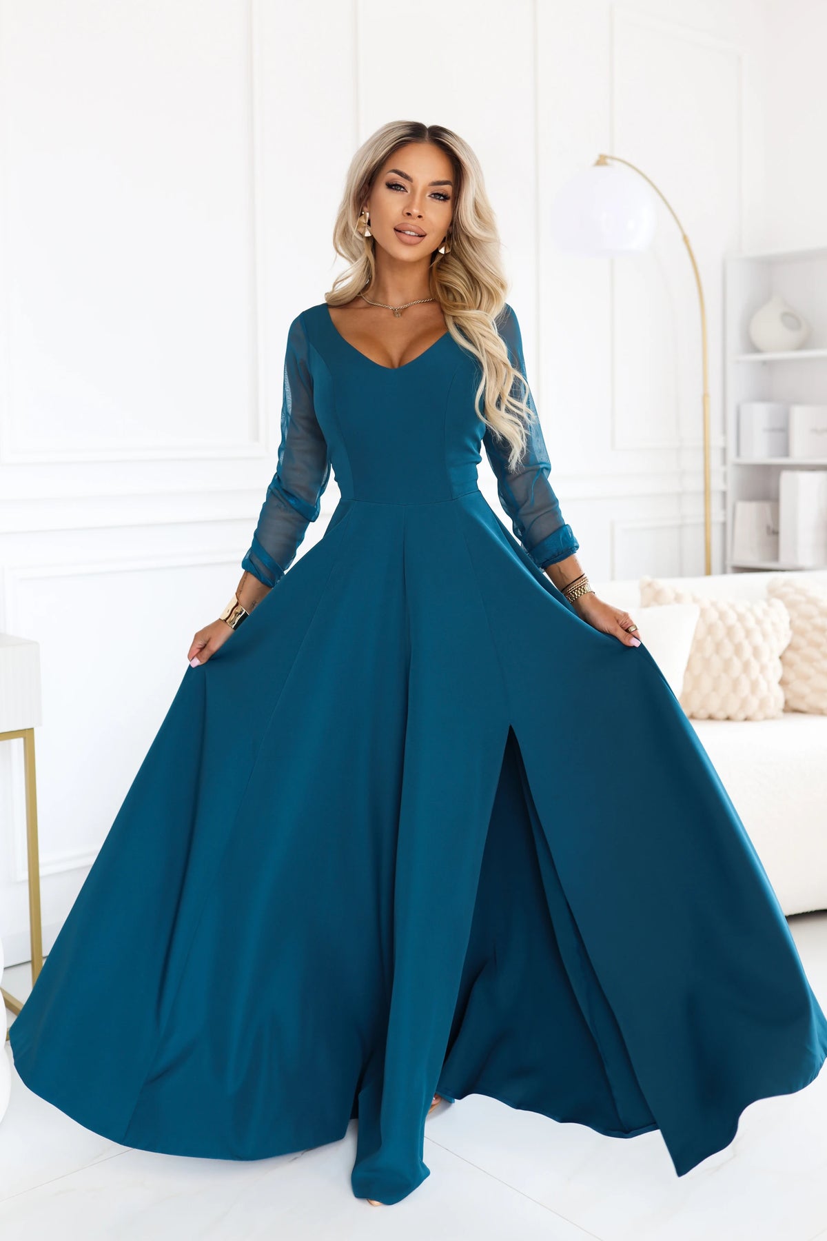 LORETTA Exceptional long dress with tulle sleeves and neckline – Sea Green