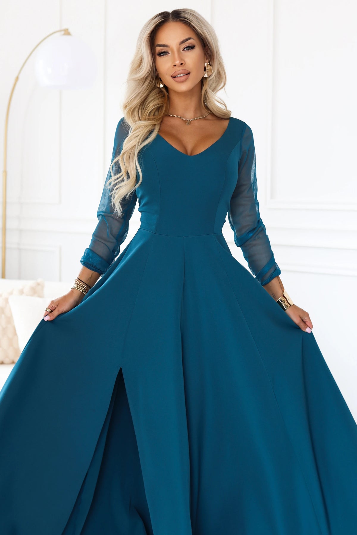 LORETTA Exceptional long dress with tulle sleeves and neckline – Sea Green