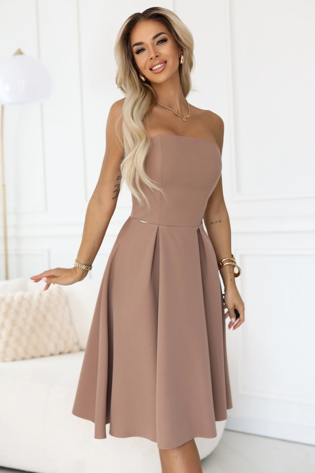 VIVIENNE corset flared midi dress for special occasions – Beige