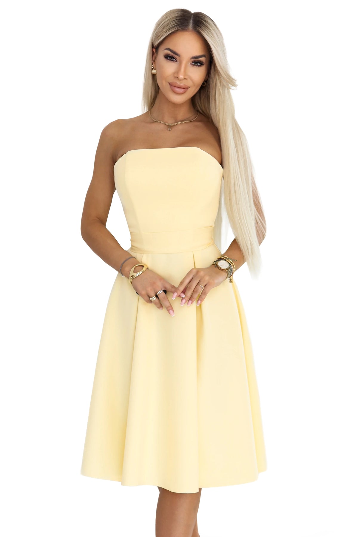 VIVIENNE Corset Flared Midi Dress with Belt – Pastel Yellow
