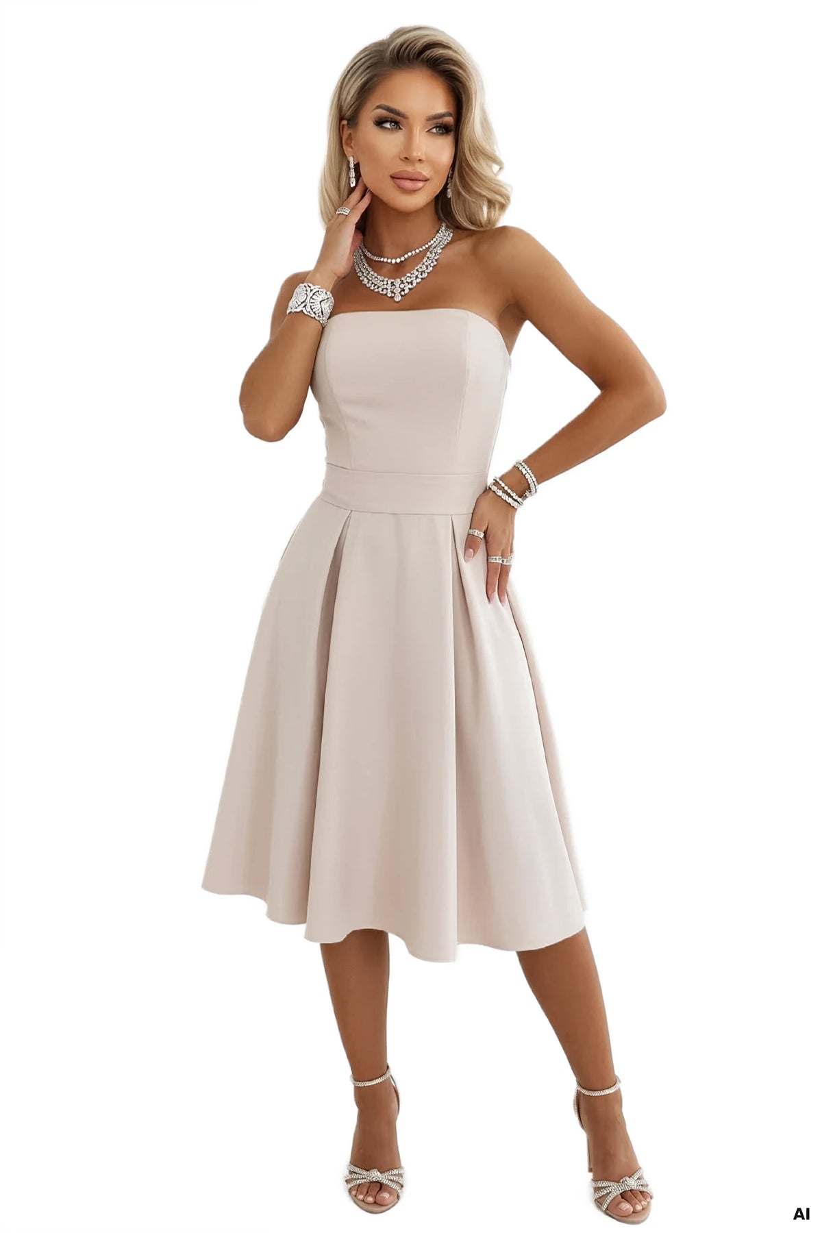 VIVIENNE Corset Flared Midi Dress with Belt – Light Beige