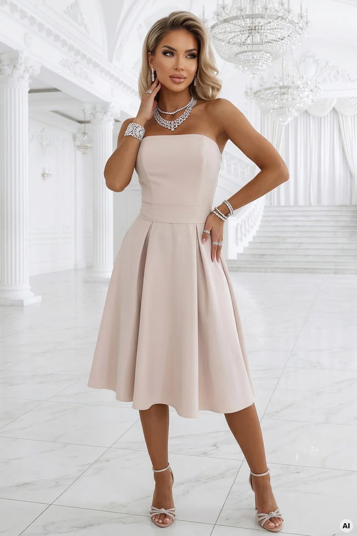 VIVIENNE Corset Flared Midi Dress with Belt – Light Beige