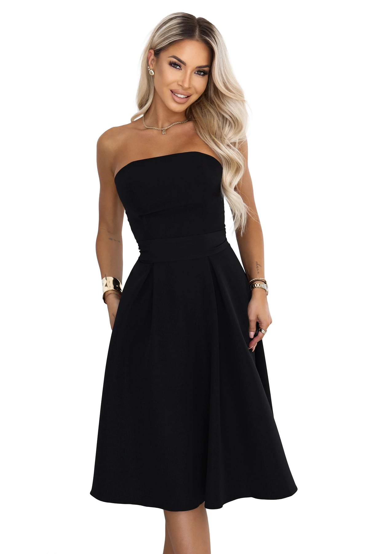 VIVIENNE Corset-style flared midi dress with a belt – Black