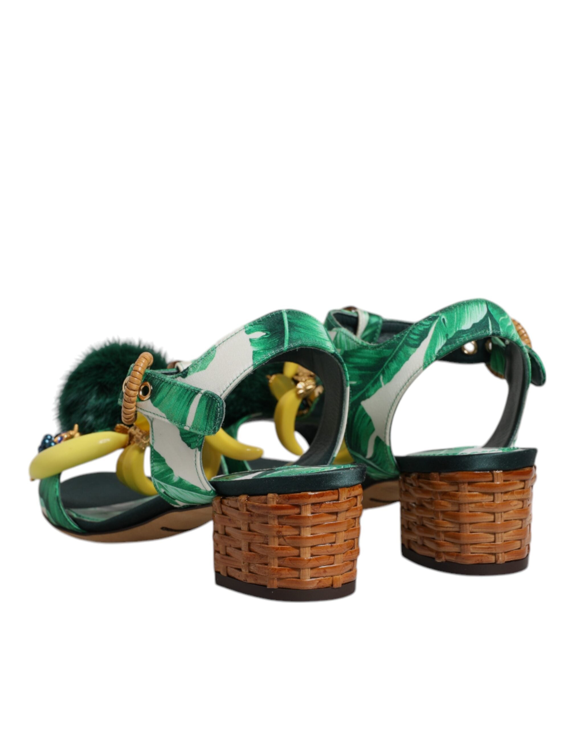 Green Crystal Fur Embellished Sandals Shoes