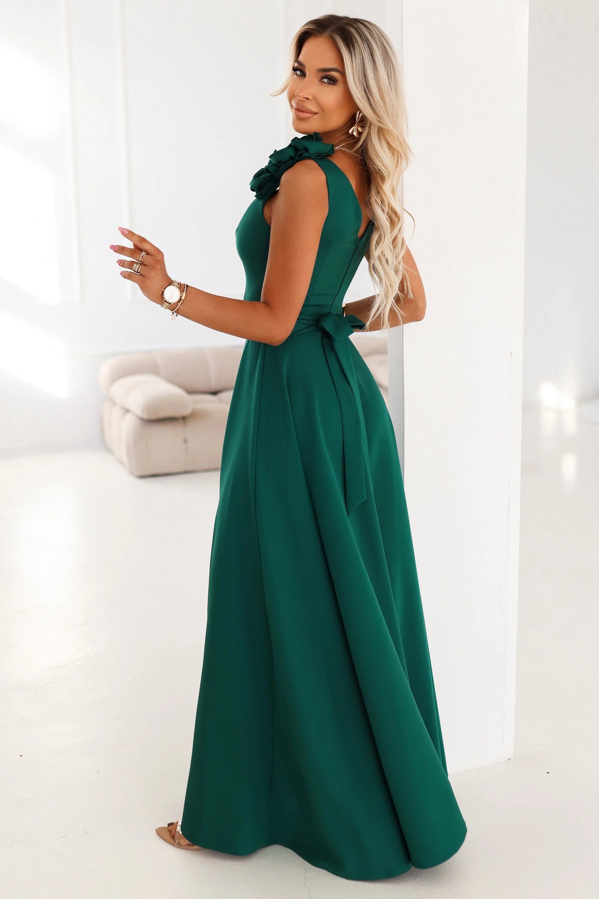 Elegant evening maxi dress with a slit and roses – Bottle Green