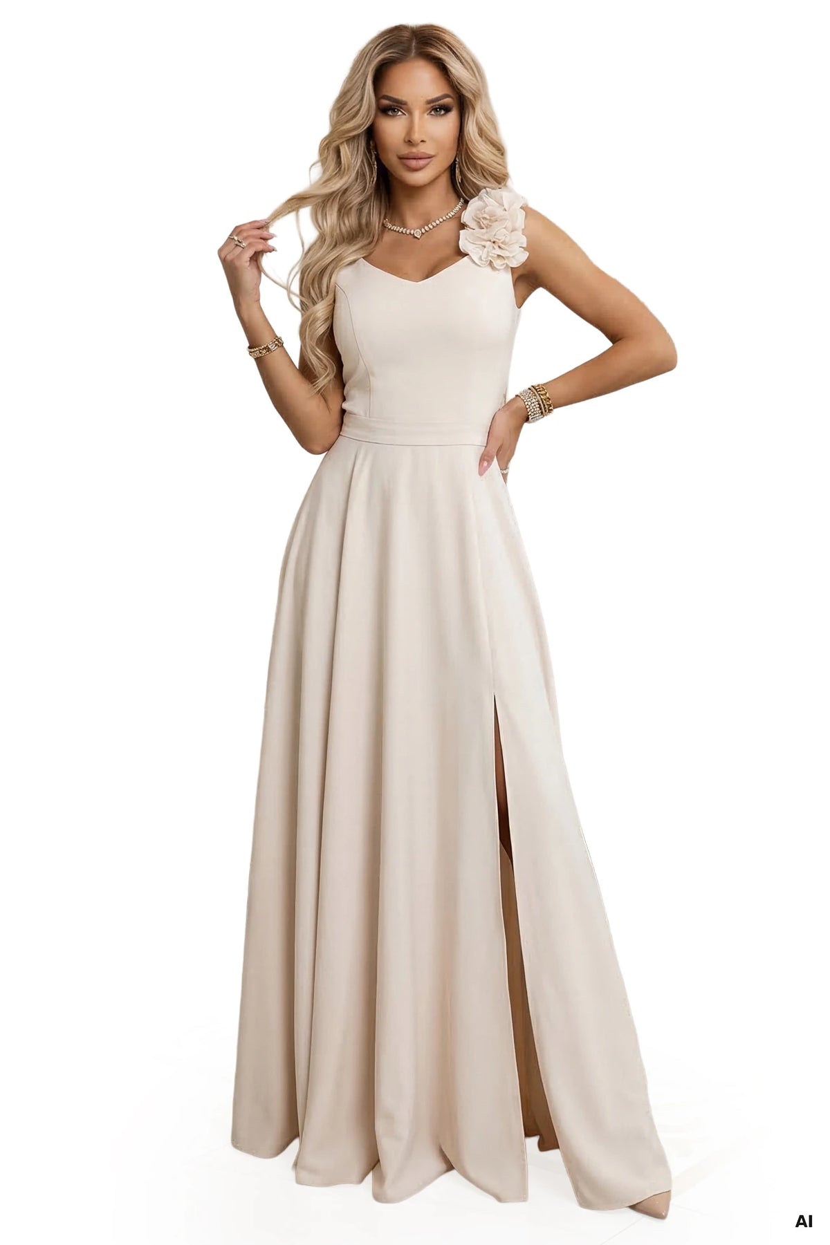 Elegant Evening Maxi Gown with Slit and Roses – Beige