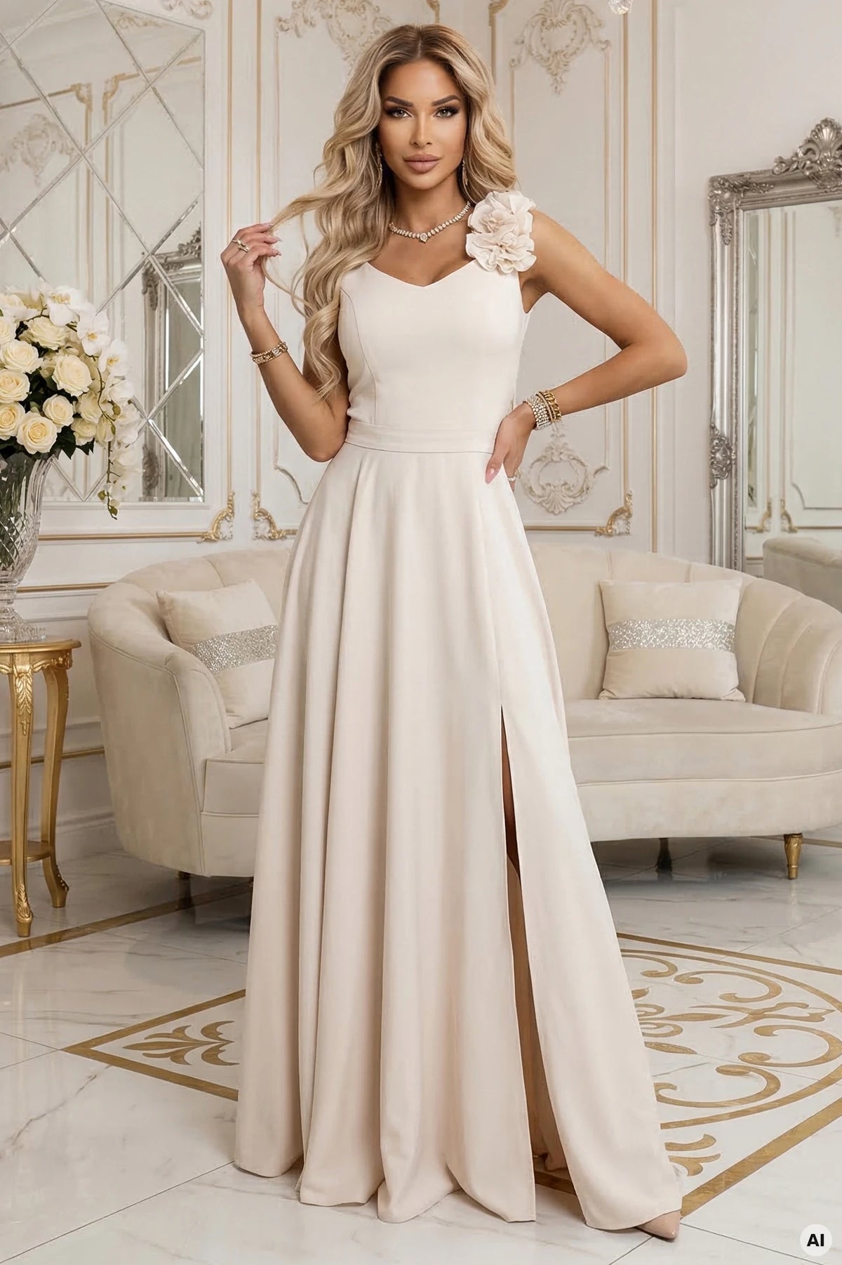 Elegant Evening Maxi Gown with Slit and Roses – Beige