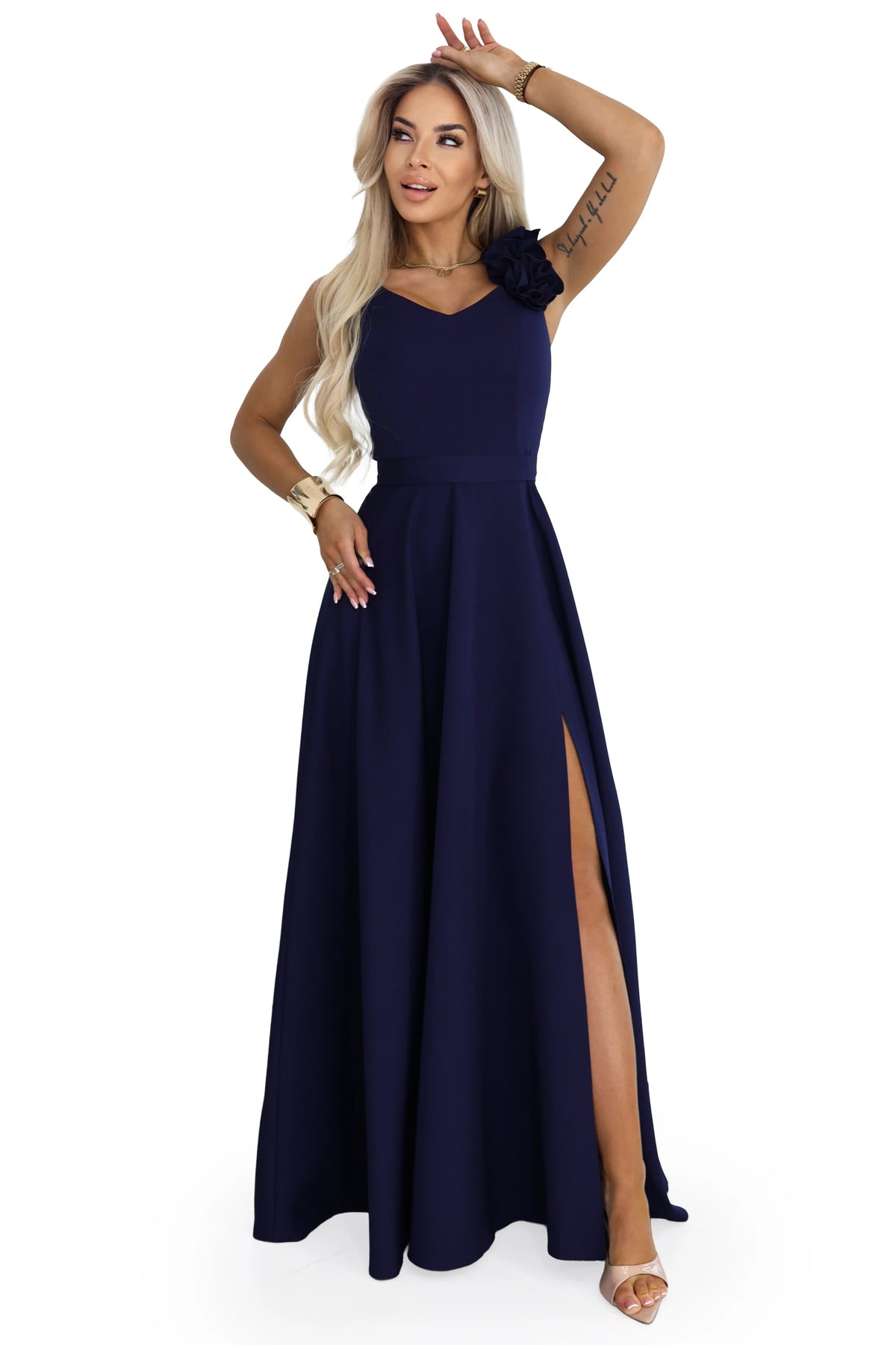 Elegant Evening Maxi Gown with Slit and Roses – Navy Blue