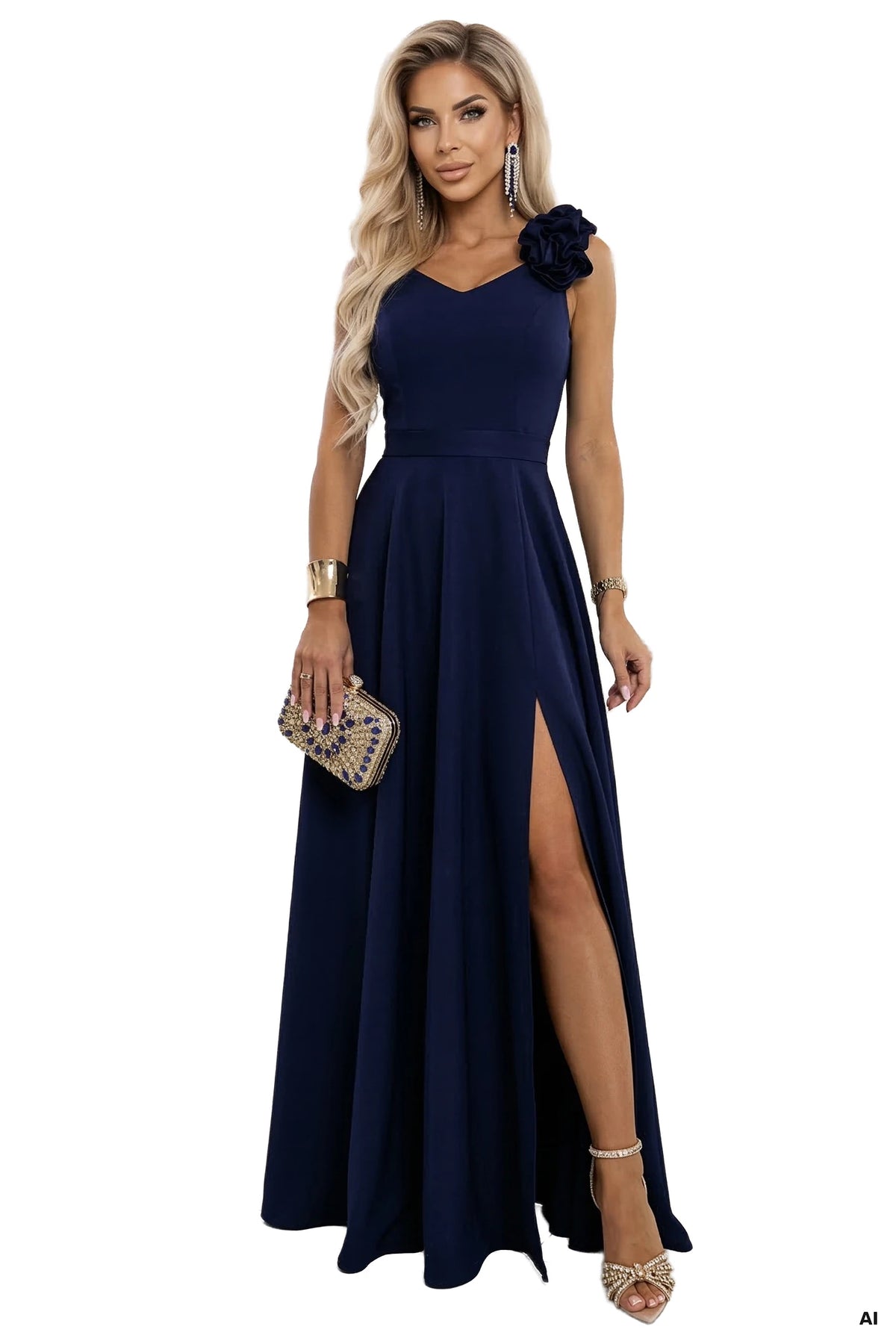 Elegant Evening Maxi Gown with Slit and Roses – Navy Blue