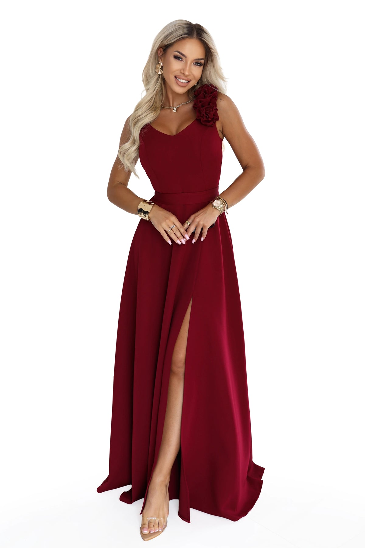 Elegant evening maxi dress with a slit and roses – Burgundy