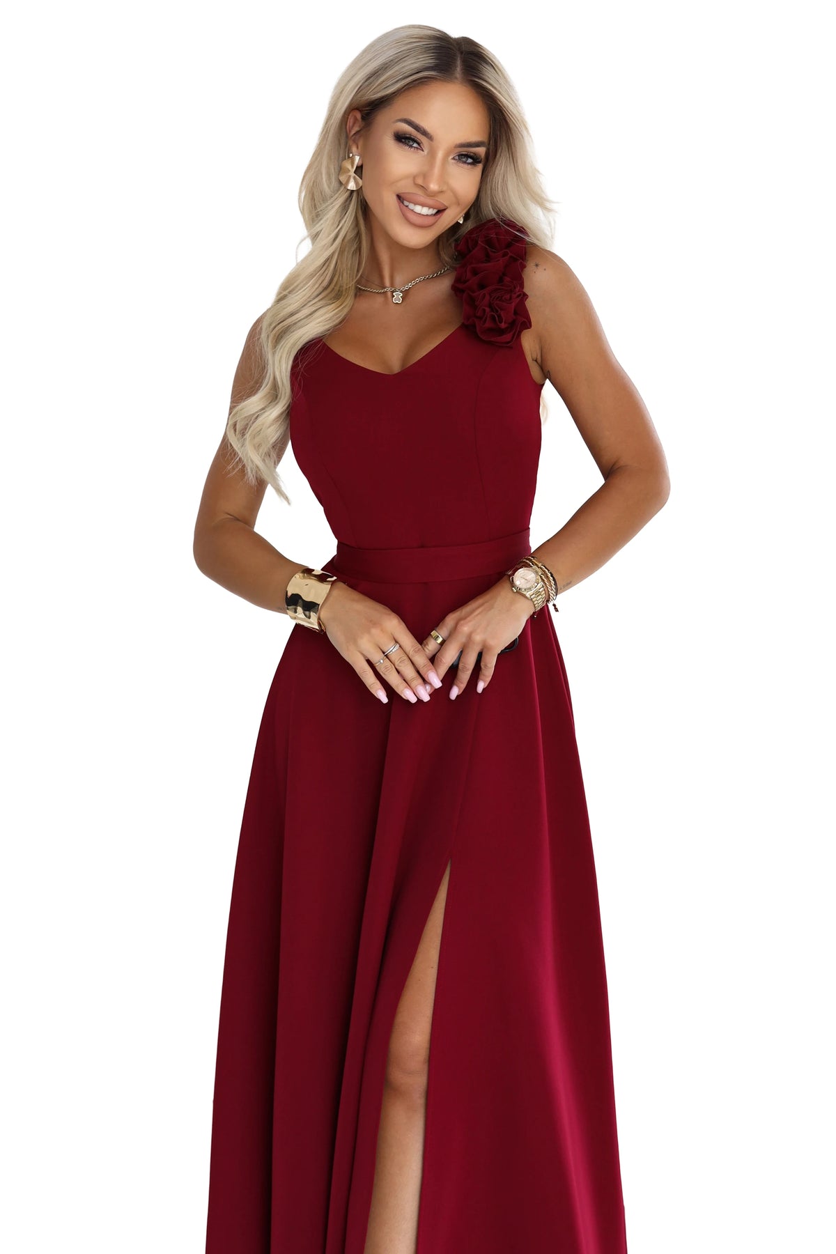 Elegant evening maxi dress with a slit and roses – Burgundy