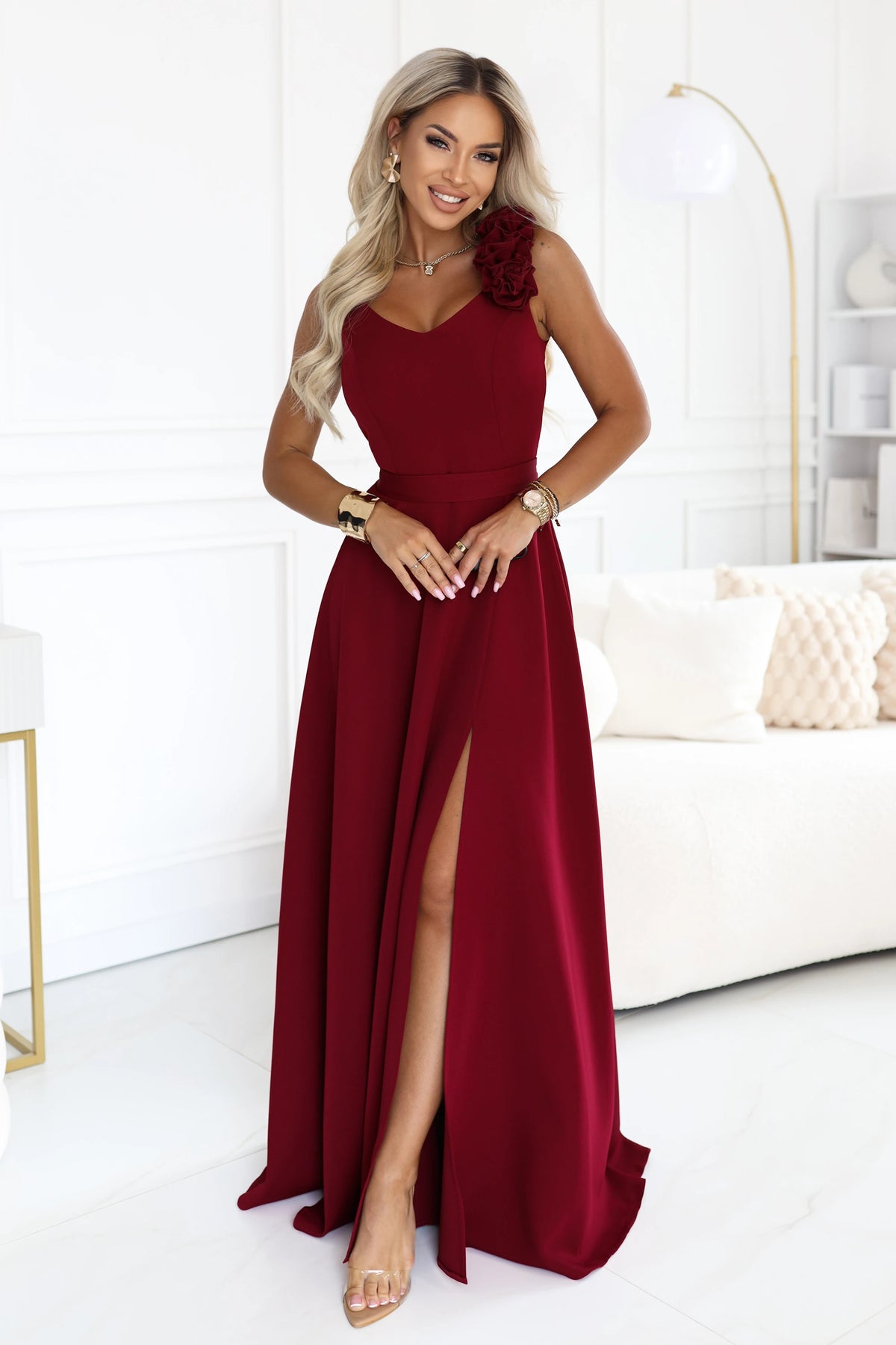Elegant evening maxi dress with a slit and roses – Burgundy