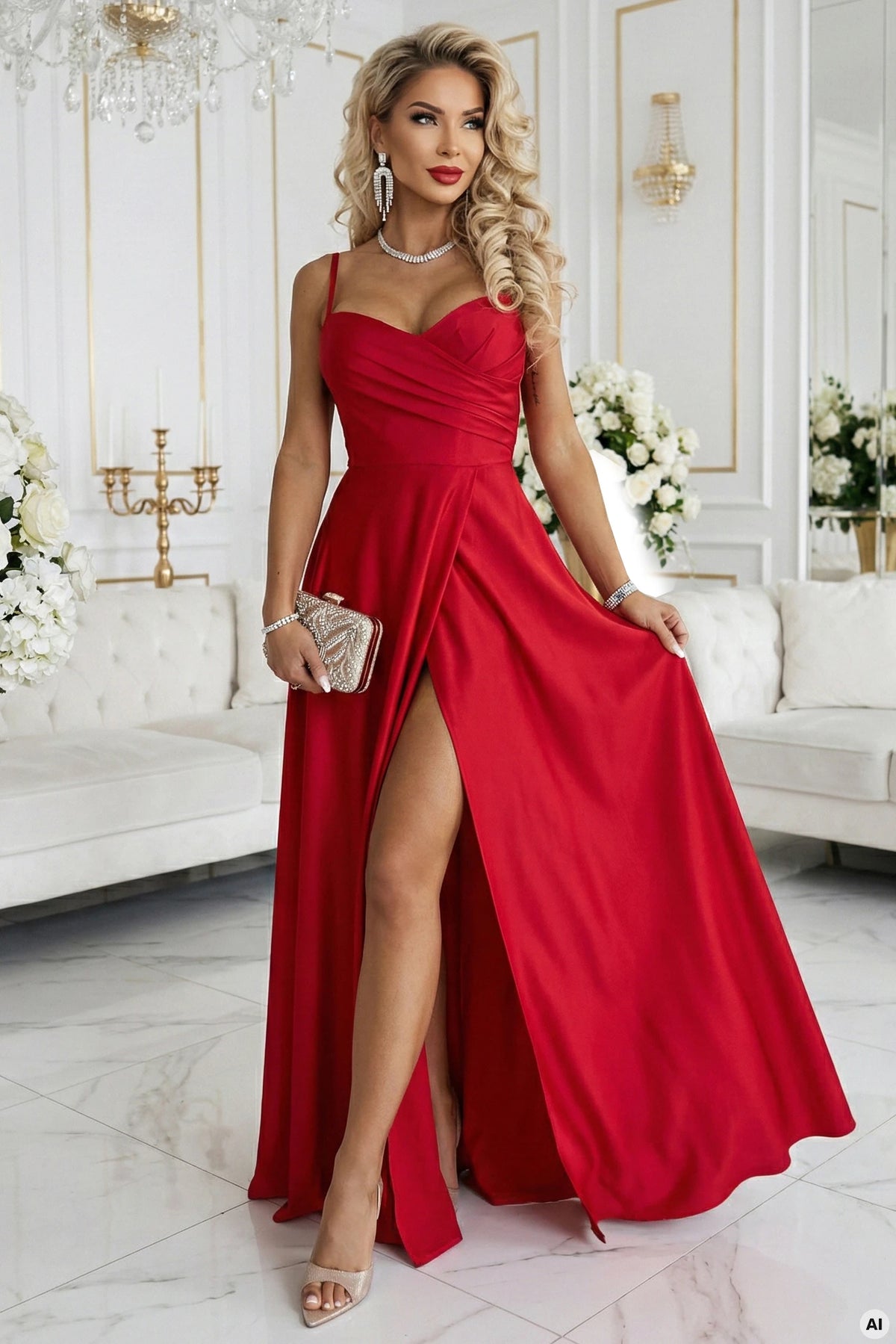 Long evening dress with straps and leg slit – Red