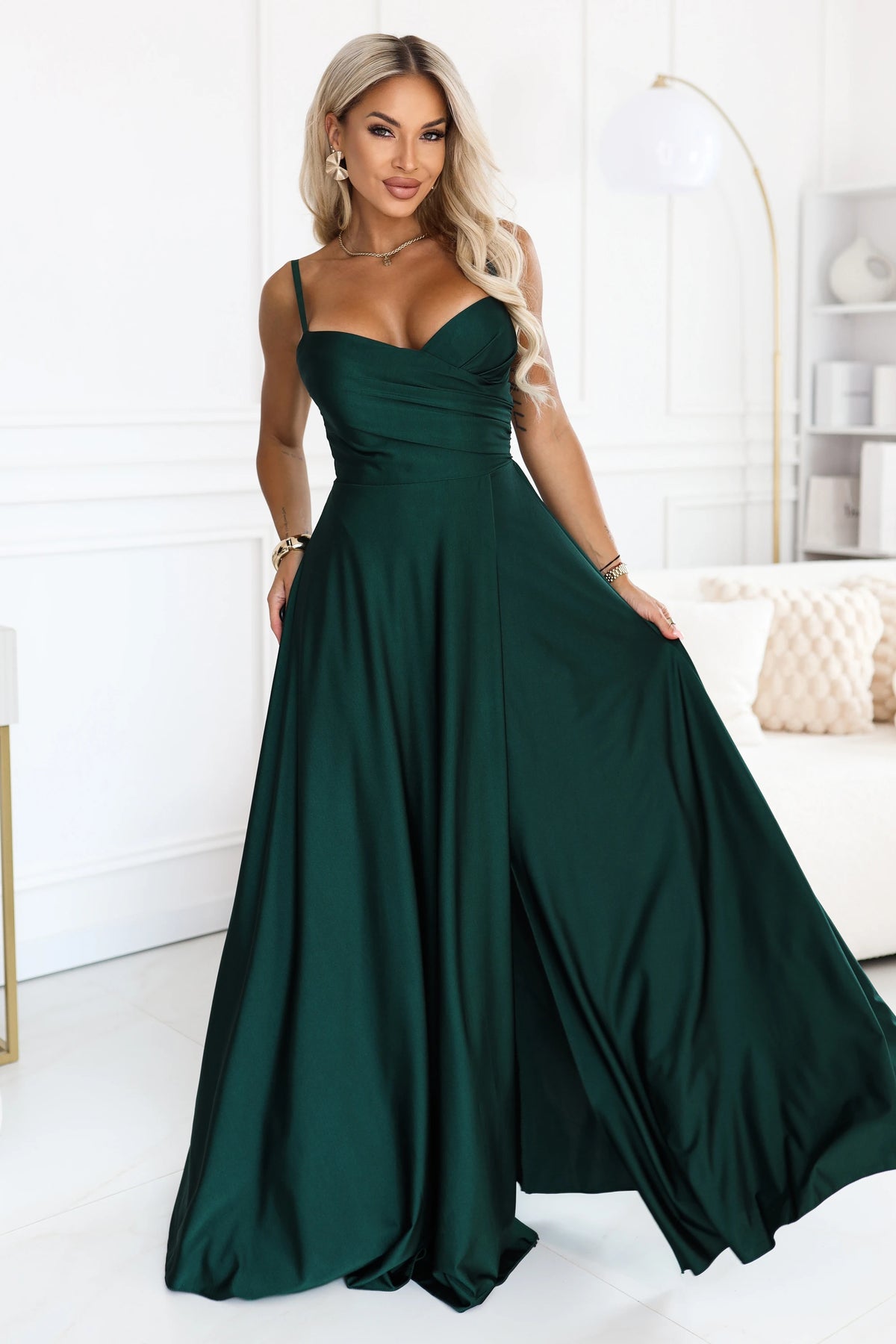 Long evening dress on straps with a leg slit – Bottle Green