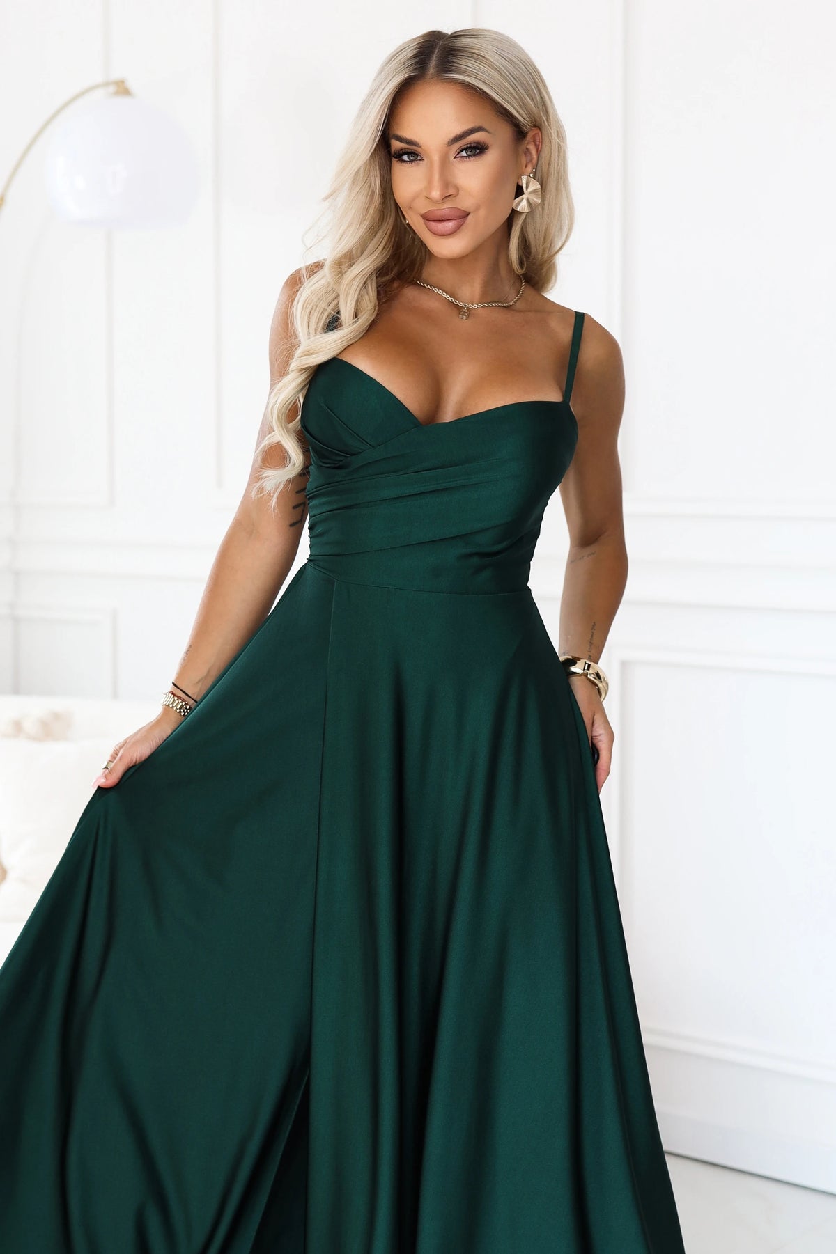 Long evening dress on straps with a leg slit – Bottle Green