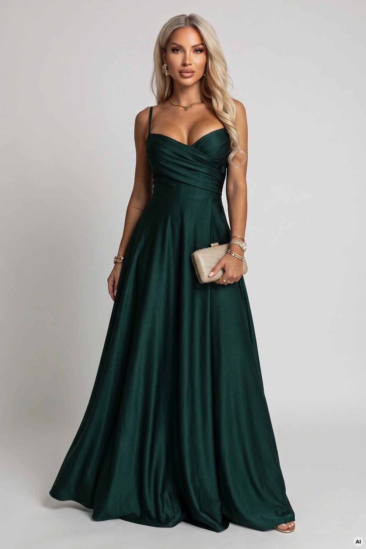 Long evening dress on straps with a leg slit – Bottle Green