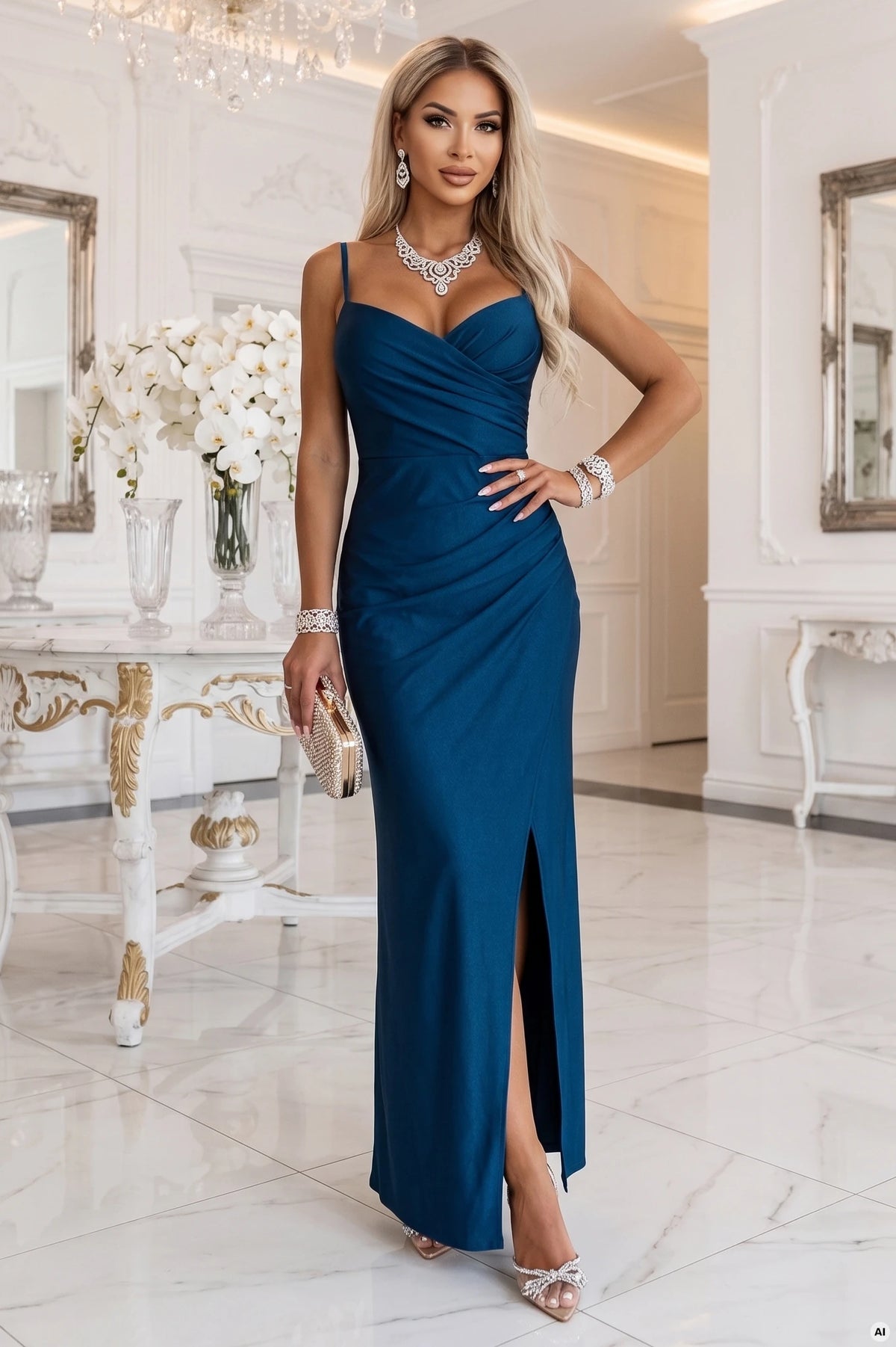 Fitted long maxi dress with a wrap neckline and slit – Sea Green