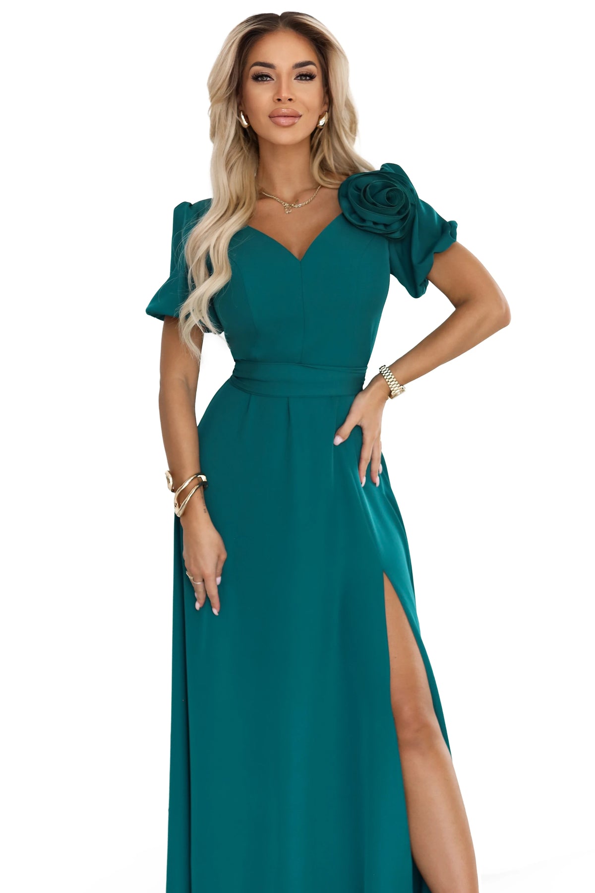 Elegant long dress with a rose, belt and high slit – Bottle Green