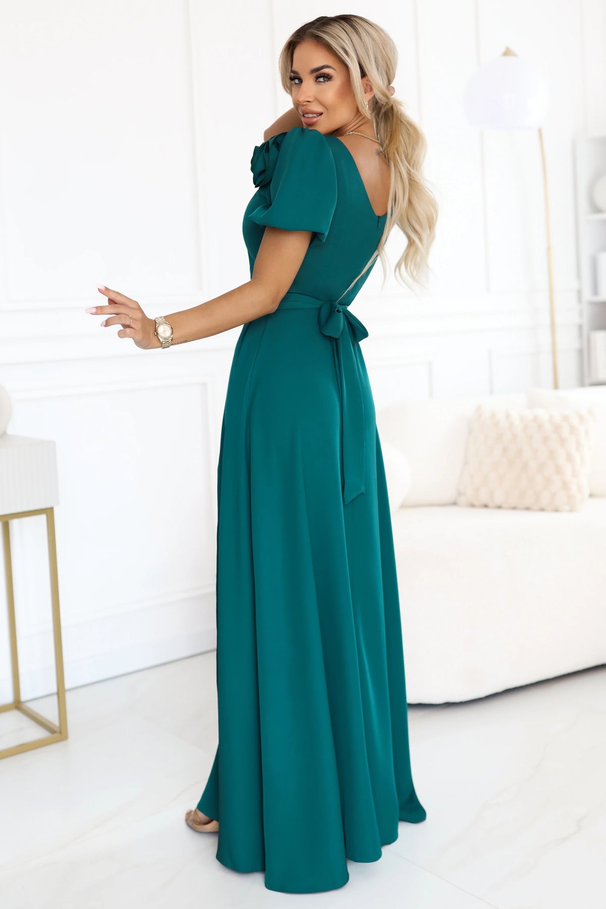 Elegant long dress with a rose, belt and high slit – Bottle Green