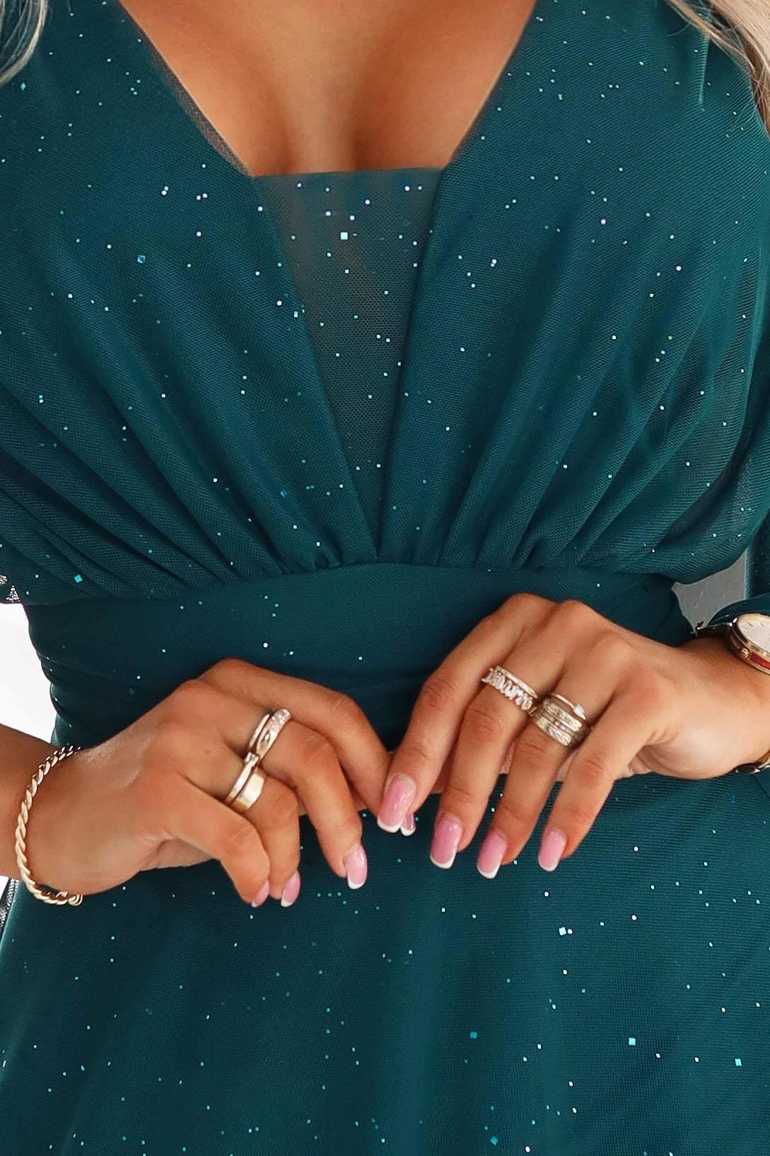 Long, shimmering plus-size dress with a scoop neckline and sheer sleeves – Bottle Green