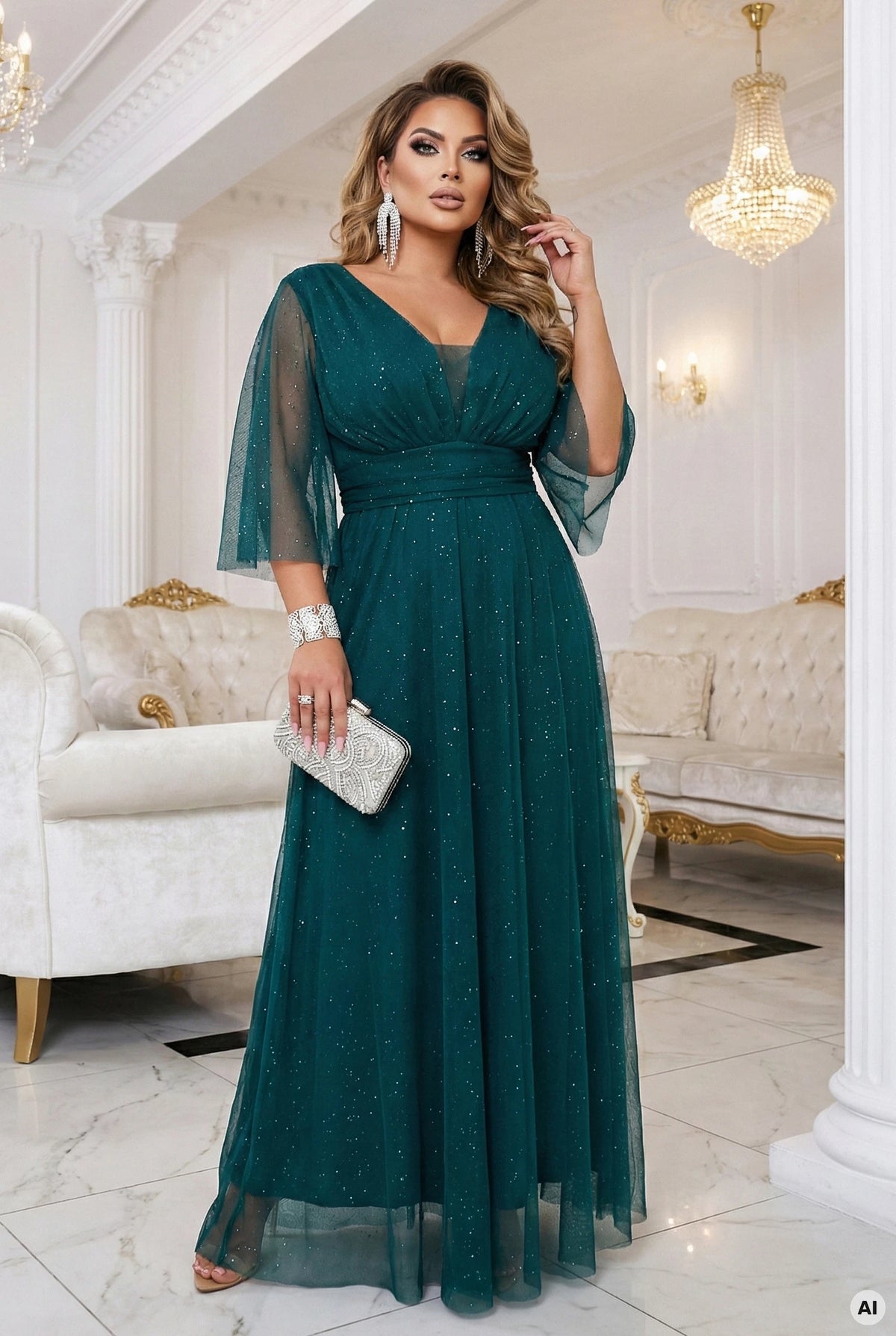 Long, shimmering plus-size dress with a scoop neckline and sheer sleeves – Bottle Green