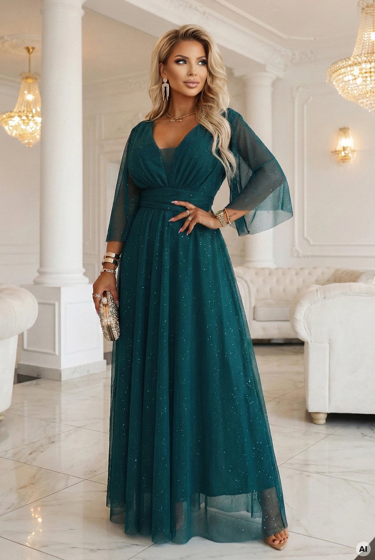 Long, shimmering plus-size dress with a scoop neckline and sheer sleeves – Bottle Green