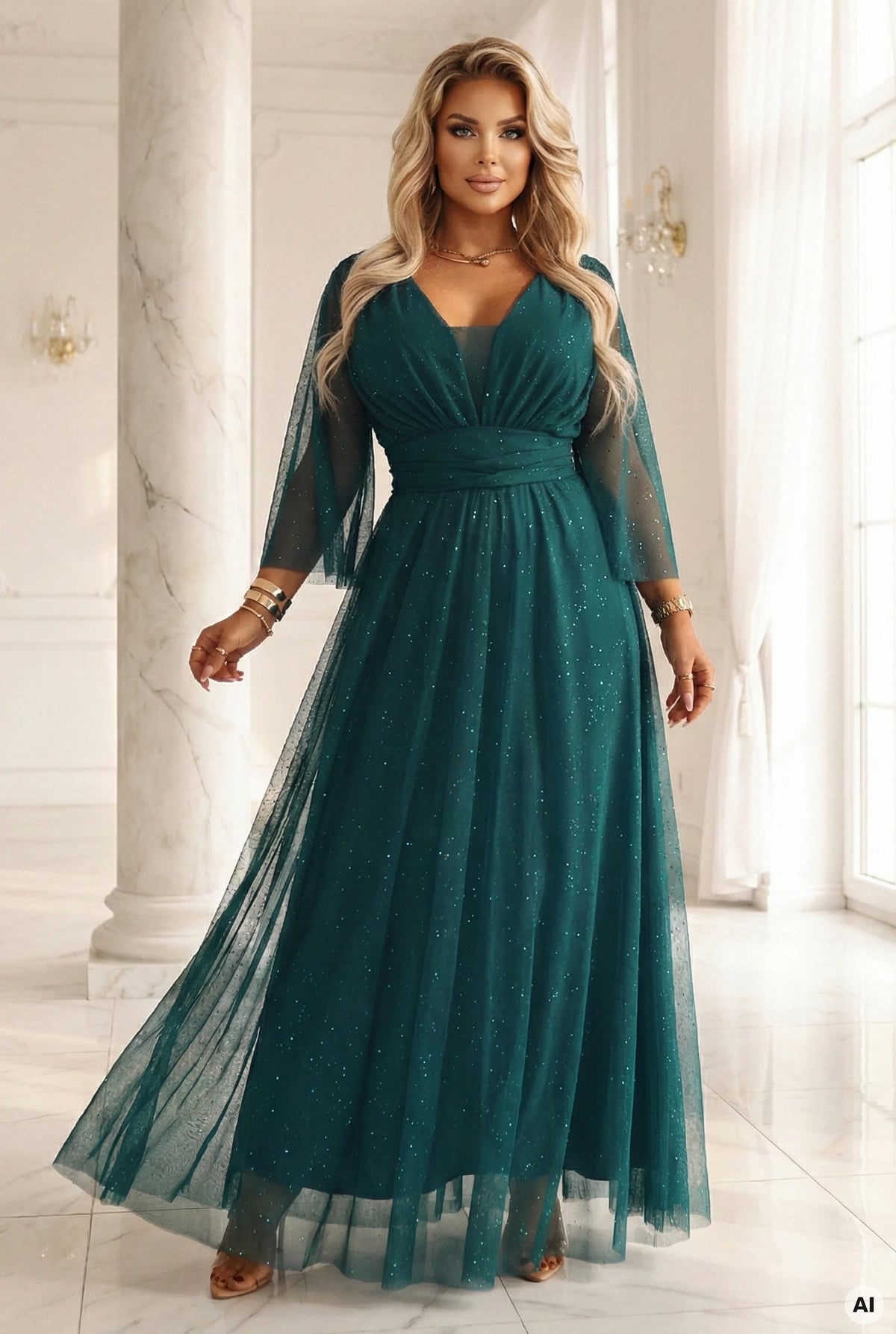 Long, shimmering plus-size dress with a scoop neckline and sheer sleeves – Bottle Green