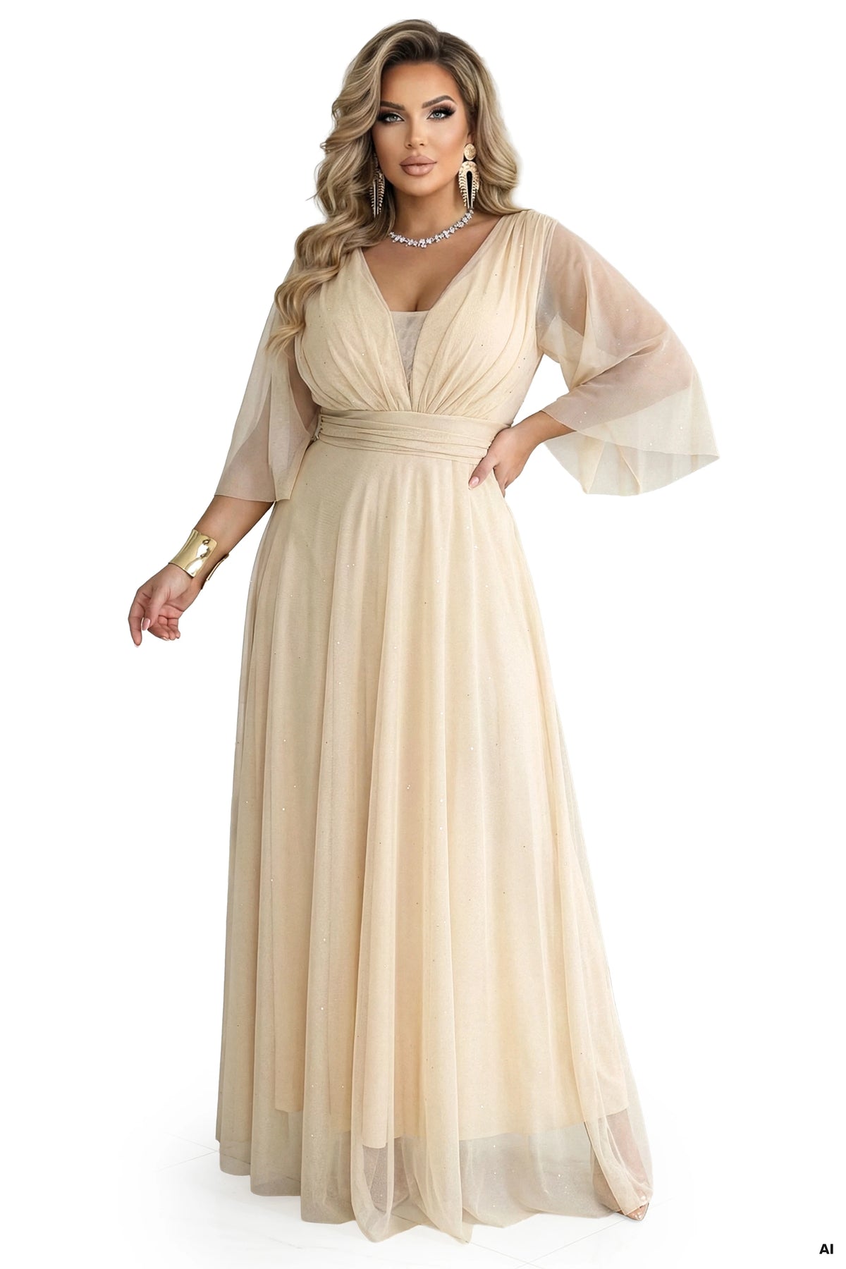 Long, shimmering plus-size dress with a scoop neckline and sheer sleeves – Champagne Beige