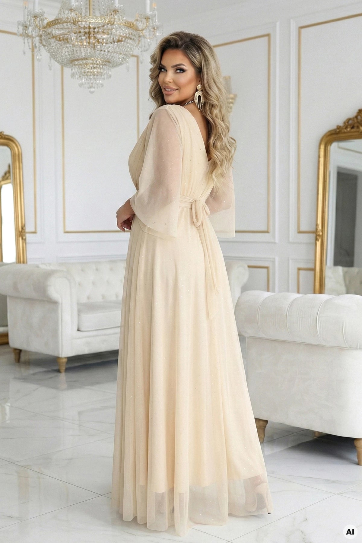 Long, shimmering plus-size dress with a scoop neckline and sheer sleeves – Champagne Beige