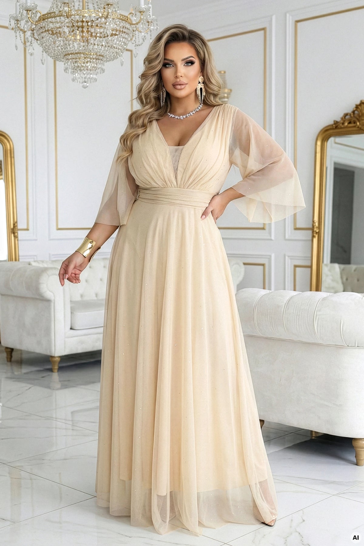 Long, shimmering plus-size dress with a scoop neckline and sheer sleeves – Champagne Beige