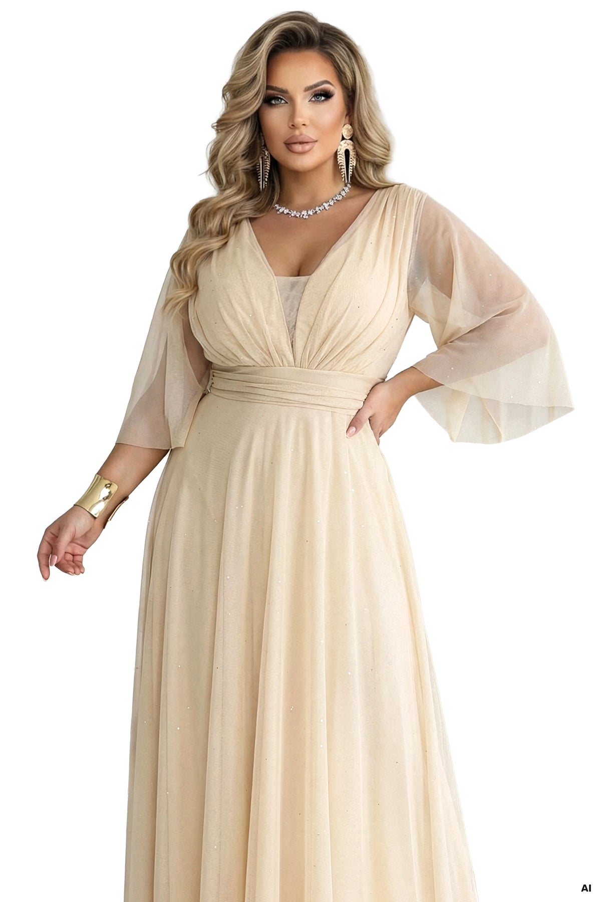 Long, shimmering plus-size dress with a scoop neckline and sheer sleeves – Champagne Beige