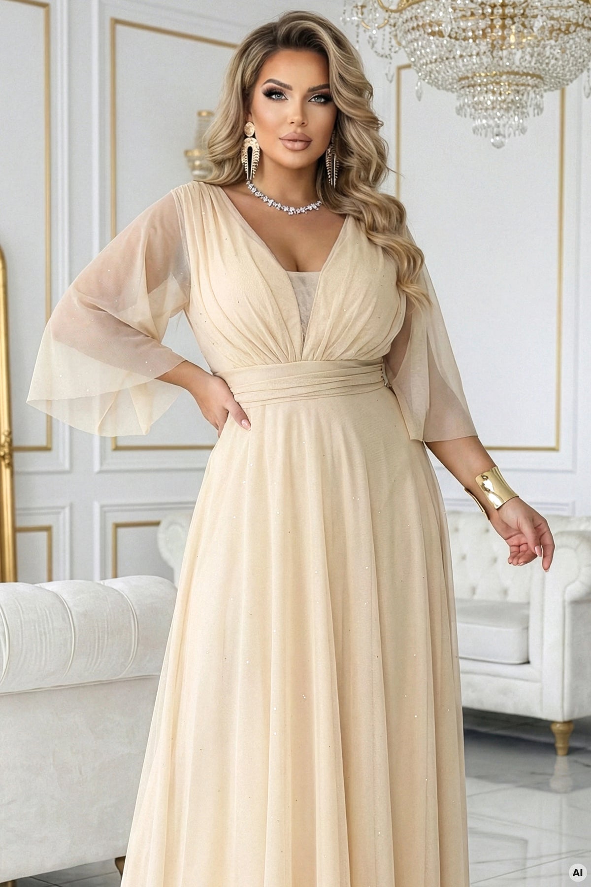 Long, shimmering plus-size dress with a scoop neckline and sheer sleeves – Champagne Beige