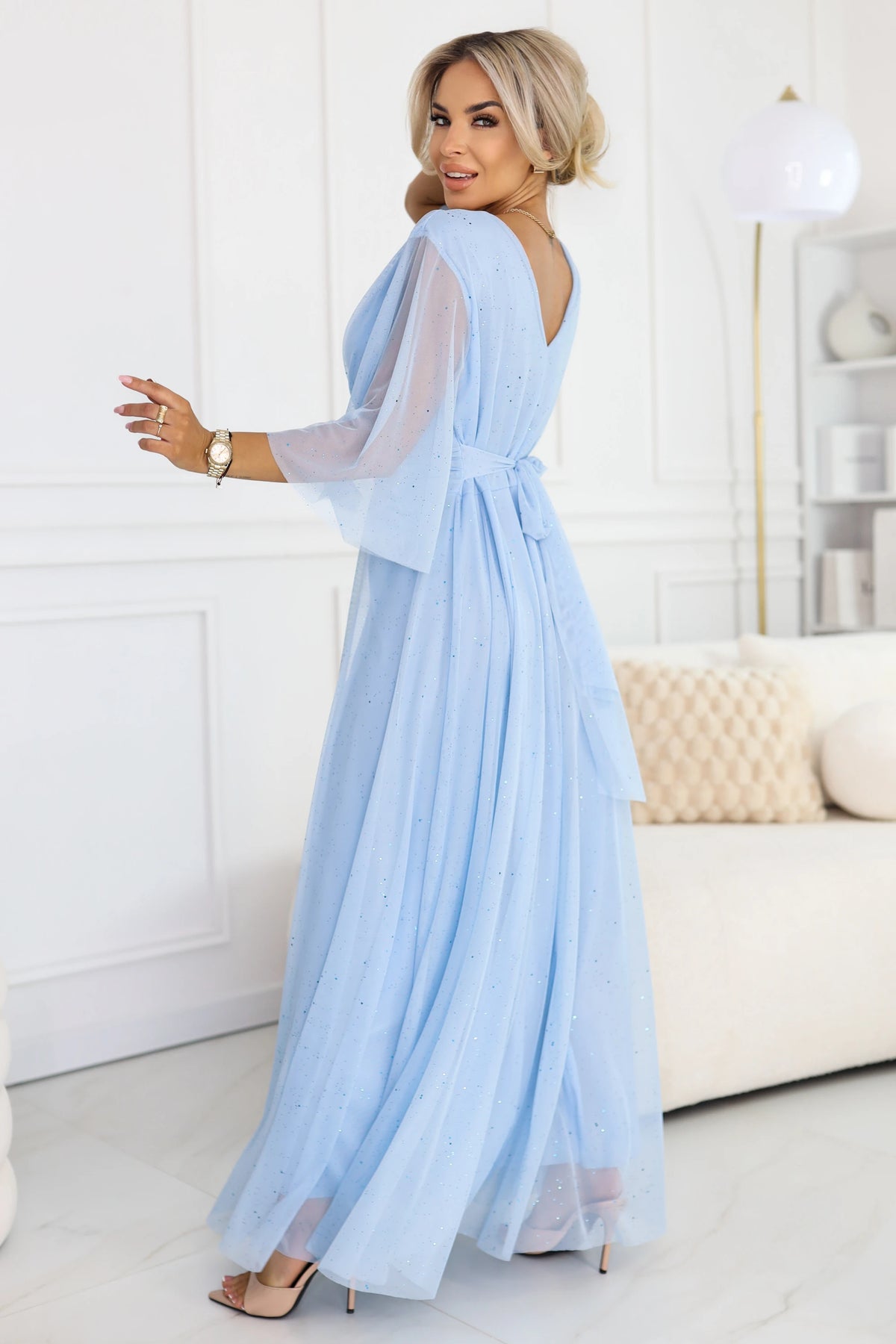 Long Shimmering Plus Size Dress with Neckline and Transparent Sleeve – Light Blue