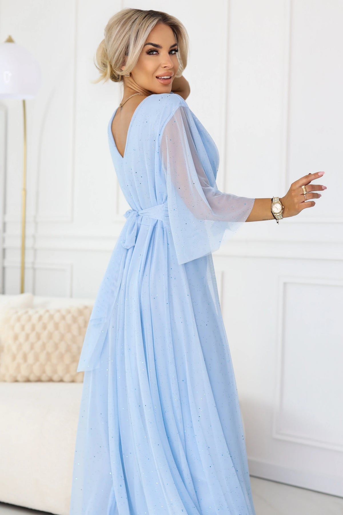 Long Shimmering Plus Size Dress with Neckline and Transparent Sleeve – Light Blue