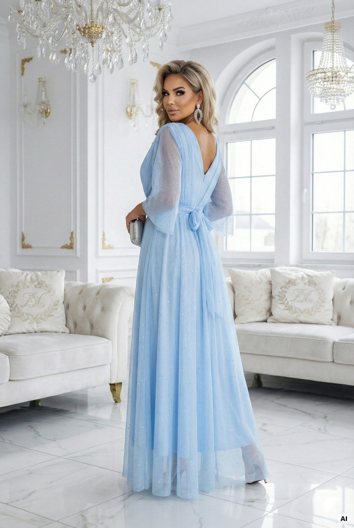 Long Shimmering Plus Size Dress with Neckline and Transparent Sleeve – Light Blue