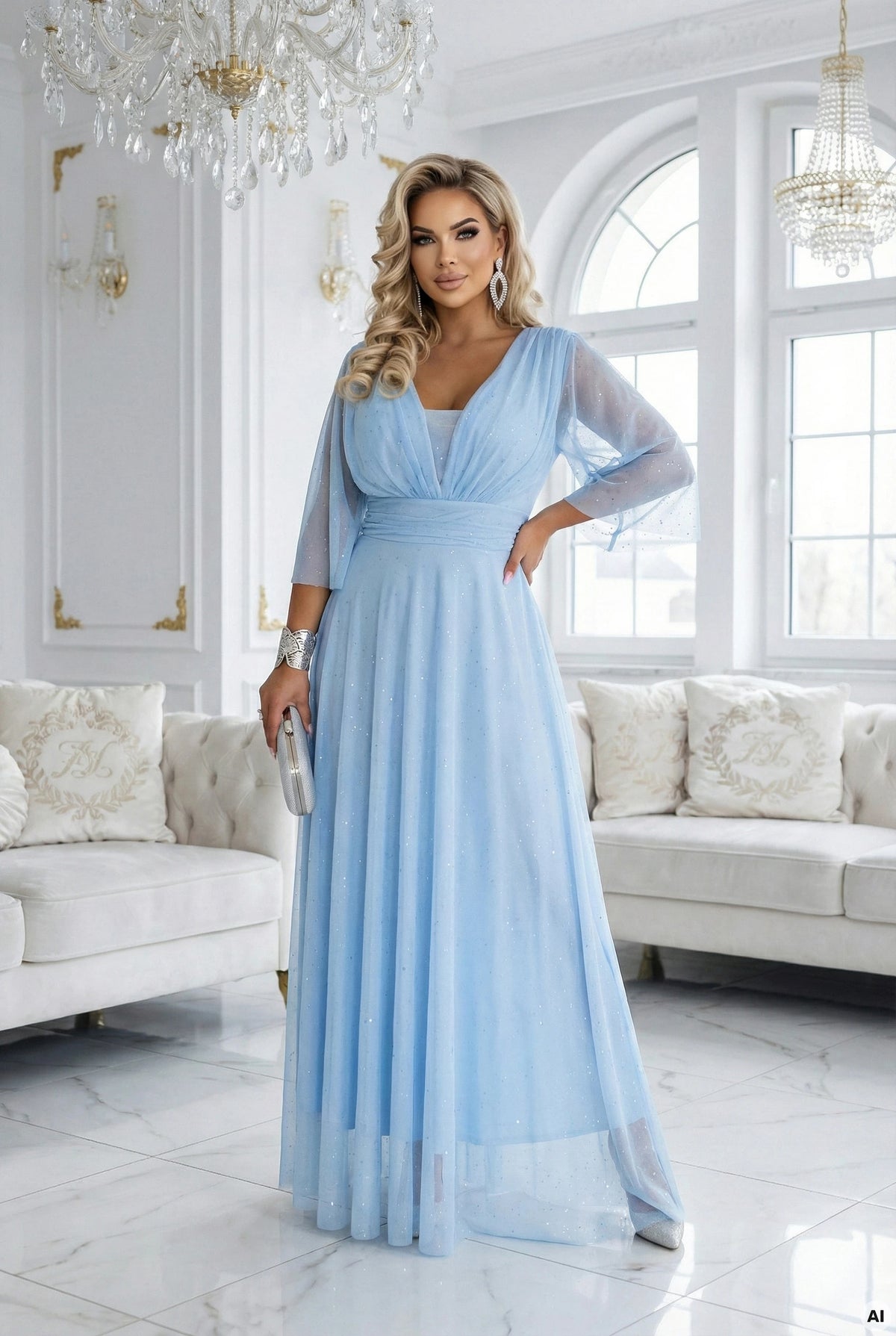 Long Shimmering Plus Size Dress with Neckline and Transparent Sleeve – Light Blue