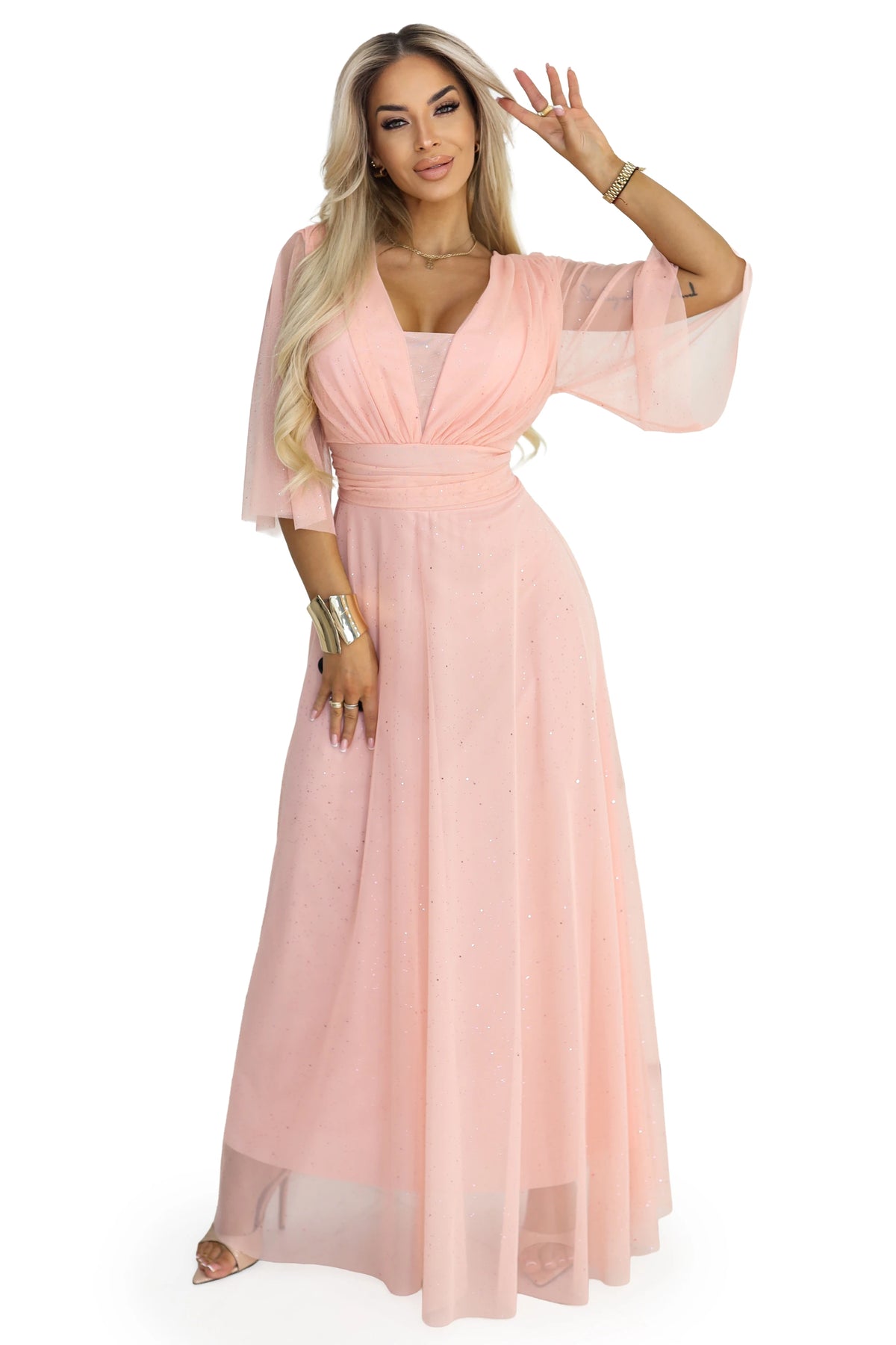 Long Shimmering Plus Size Dress with Neckline and Transparent Sleeve – Peach