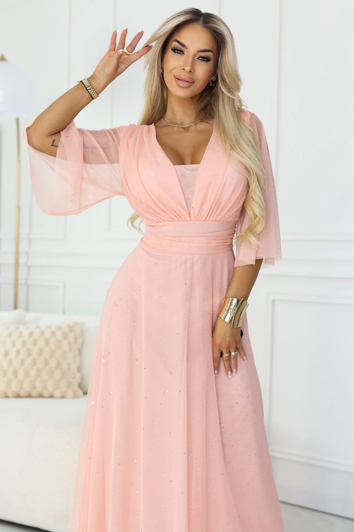 Long Shimmering Plus Size Dress with Neckline and Transparent Sleeve – Peach