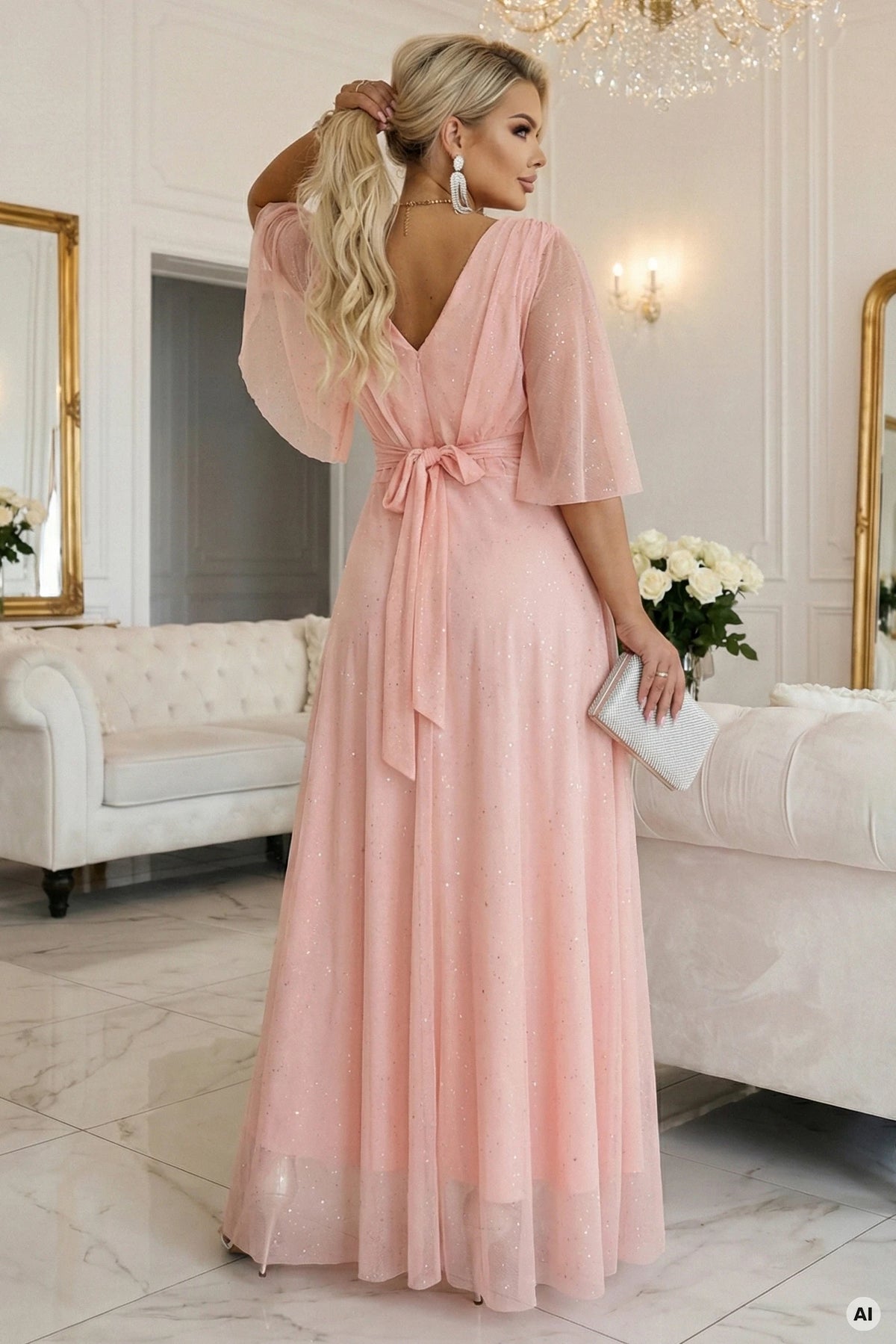 Long Shimmering Plus Size Dress with Neckline and Transparent Sleeve – Peach