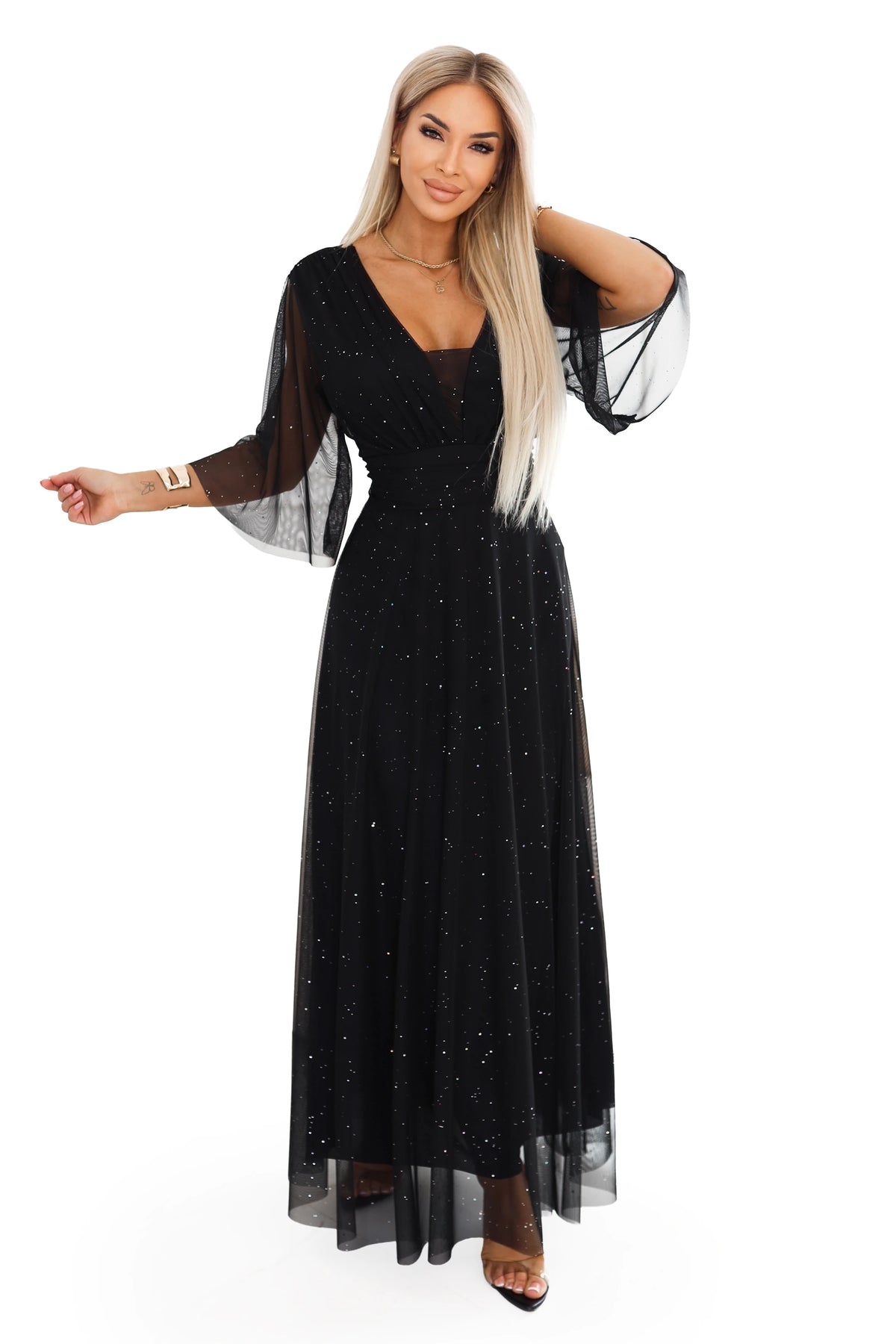 Long shimmering plus size dress with neckline and transparent sleeve – Black