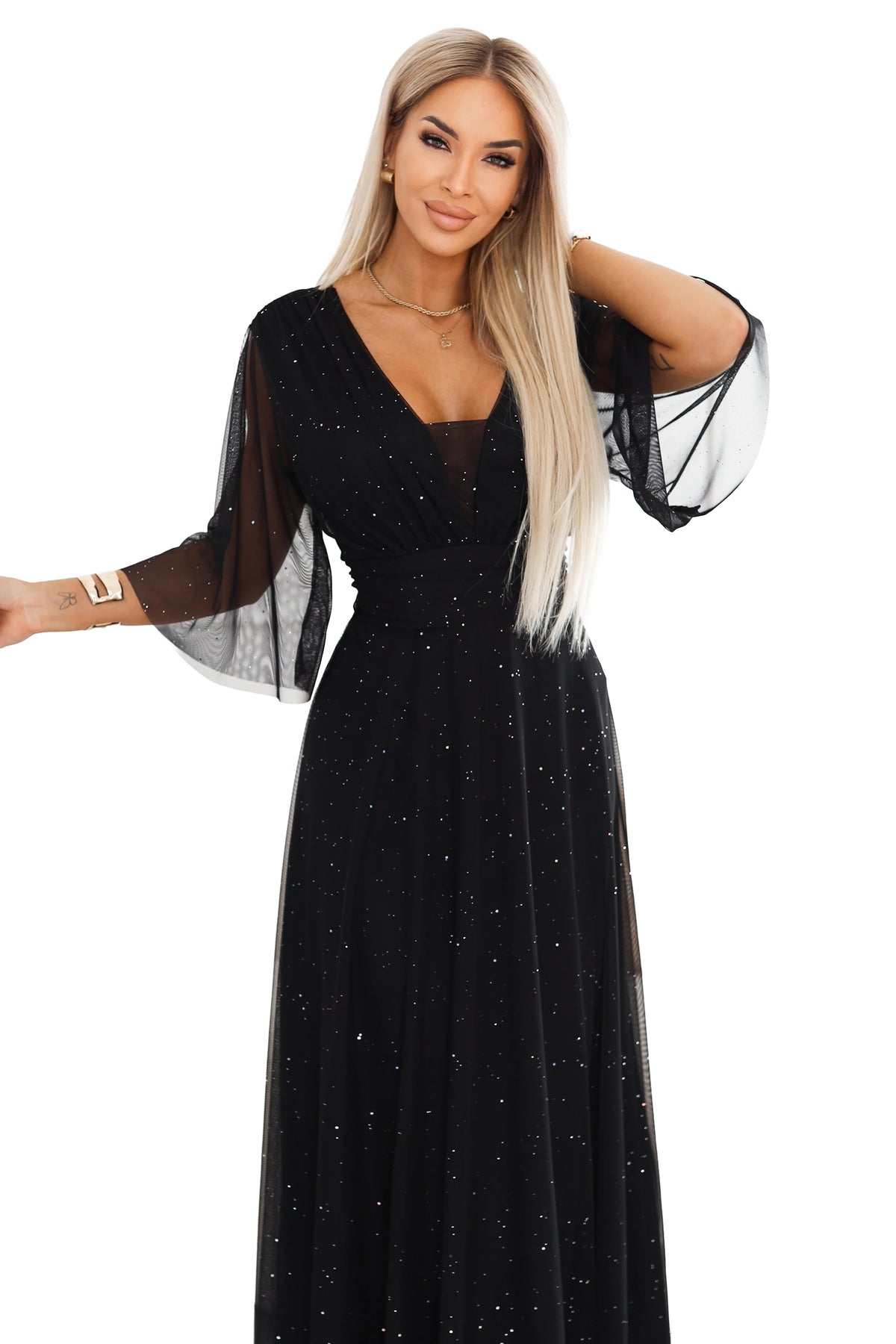 Long shimmering plus size dress with neckline and transparent sleeve – Black