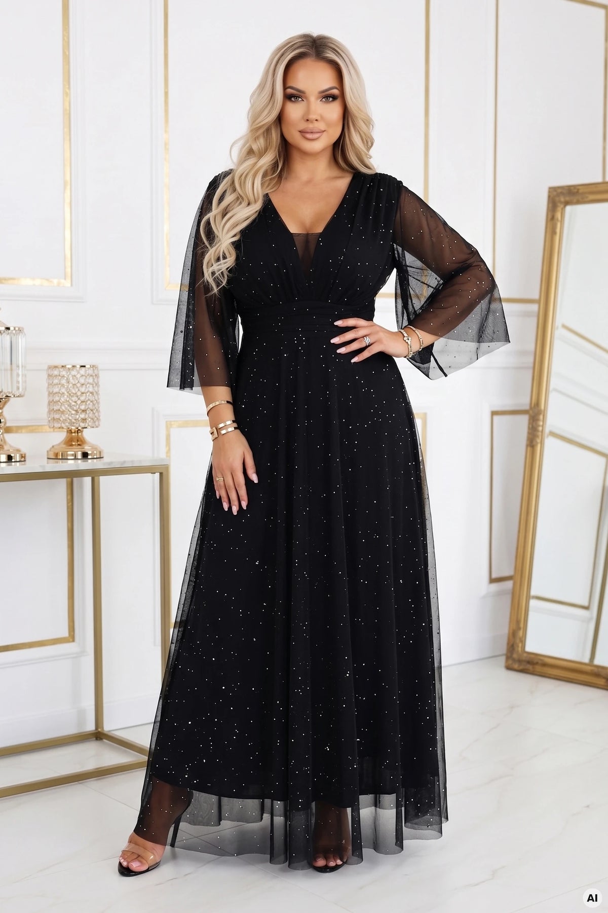 Long shimmering plus size dress with neckline and transparent sleeve – Black