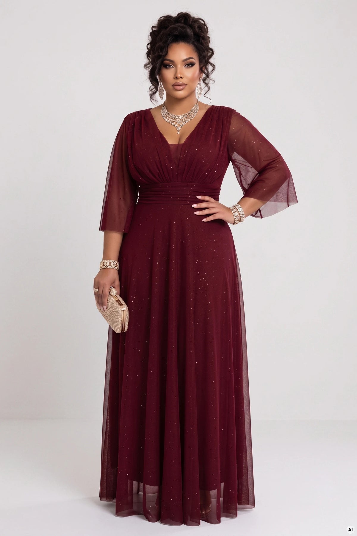 Long shimmering plus size dress with neckline and sheer sleeve – Burgundy