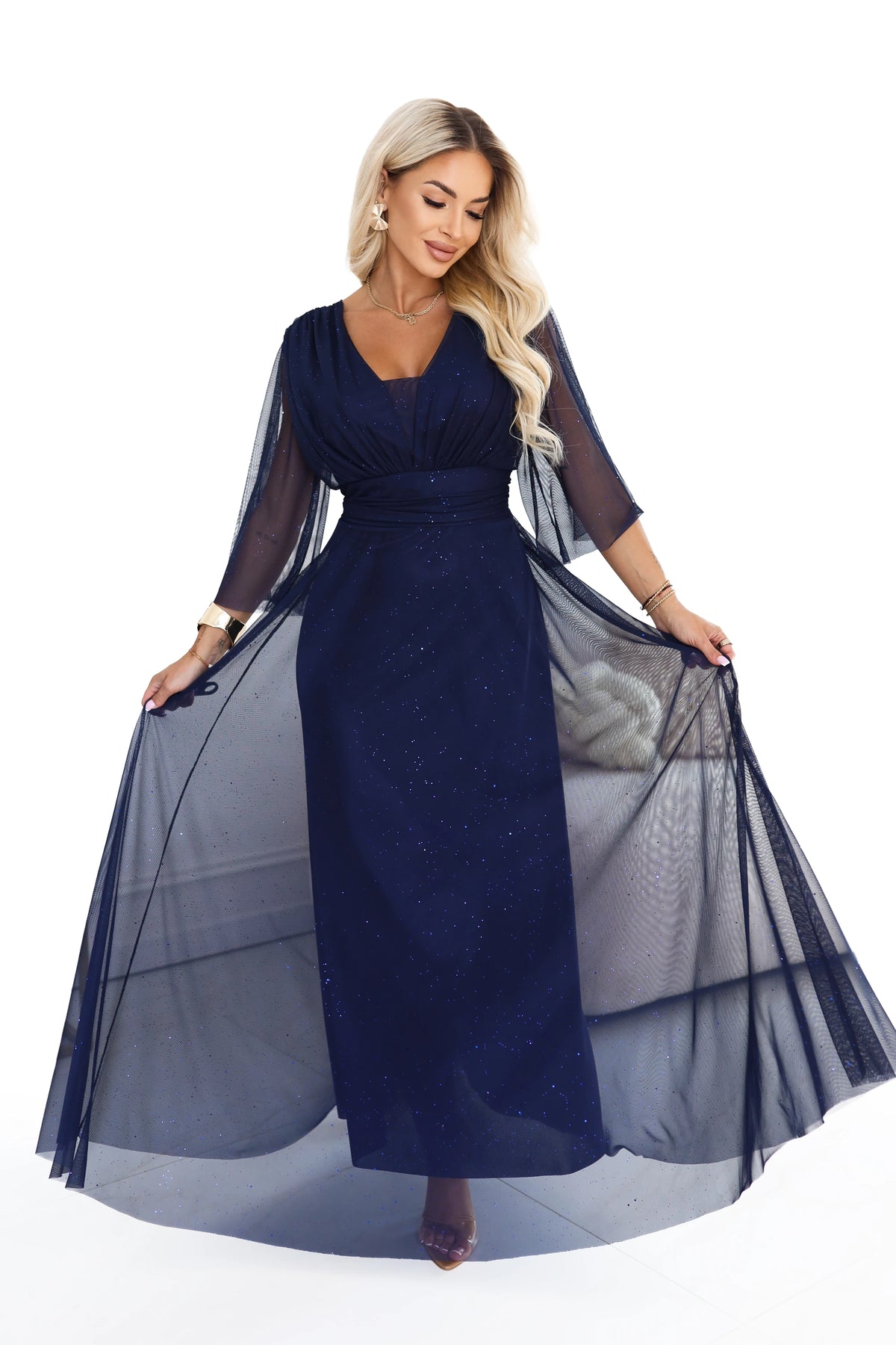 Long shimmering plus size dress with a neckline and sheer sleeve – Navy Blue