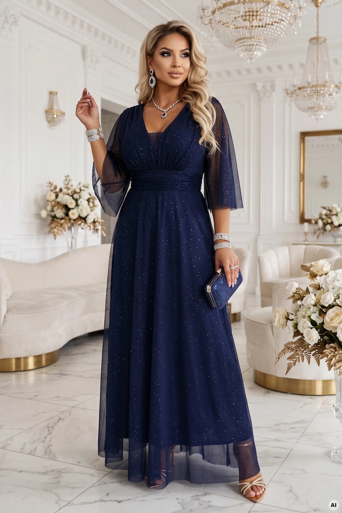 Long shimmering plus size dress with a neckline and sheer sleeve – Navy Blue