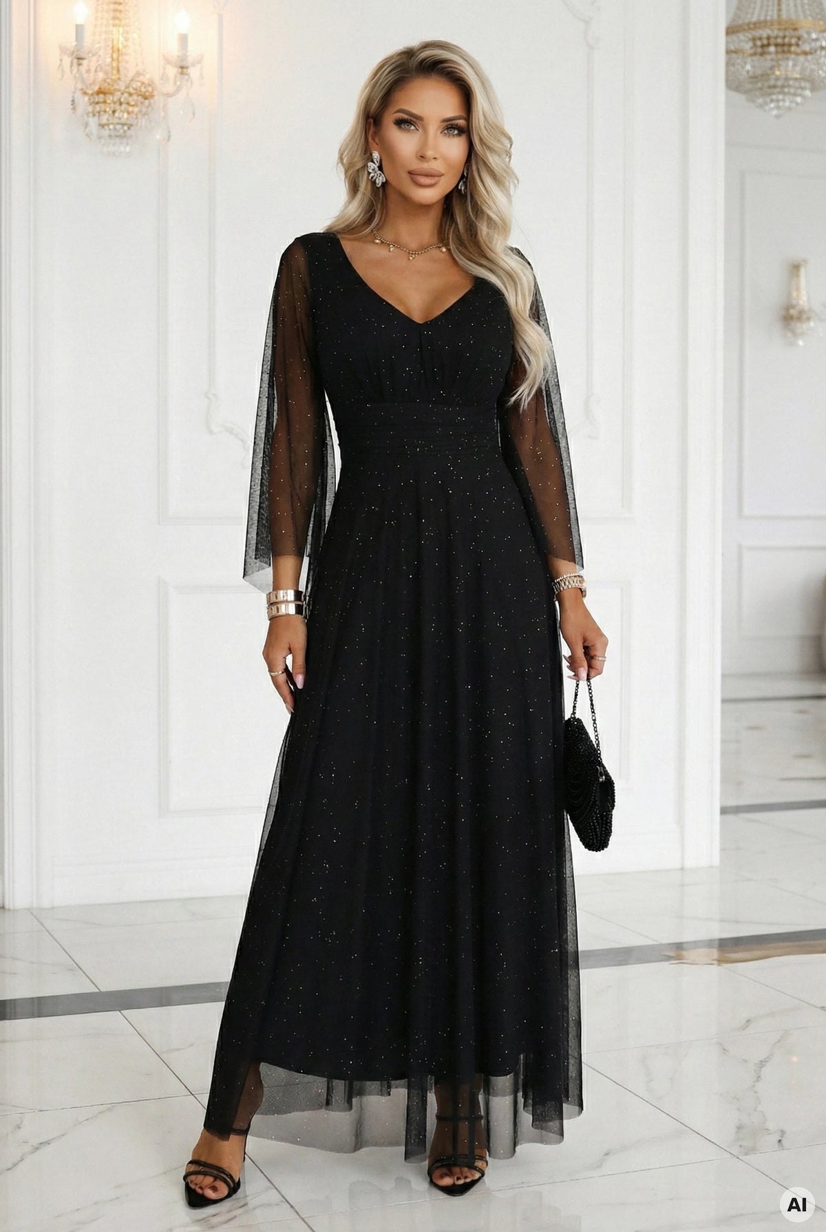 Long, shimmering dress with a neckline and transparent sleeves – Black